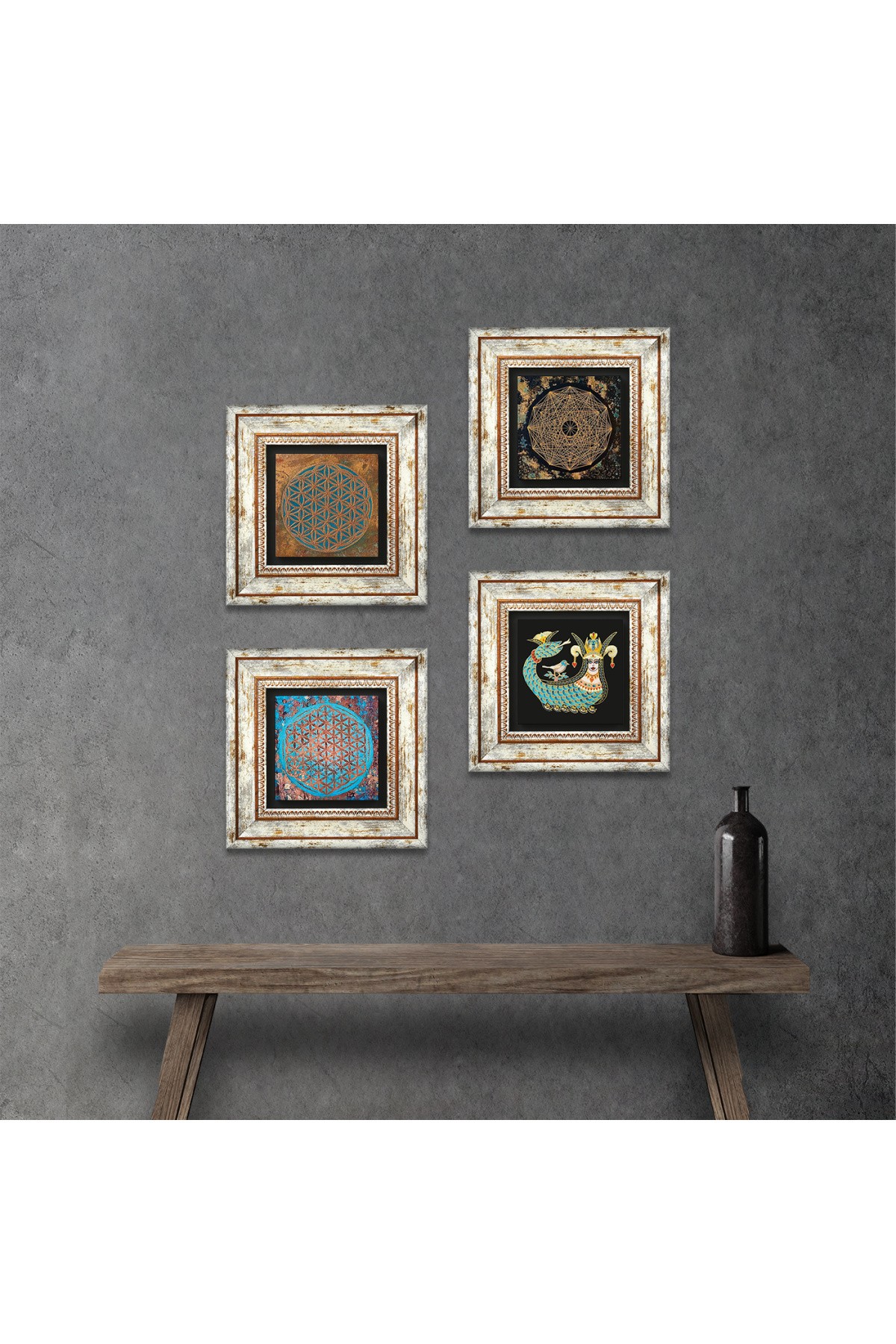 Sri Yantra, Flower of Life, Shahmaran Stone Wall Painting Framed Wall Decor 4 Piece Painting Set Wall Art