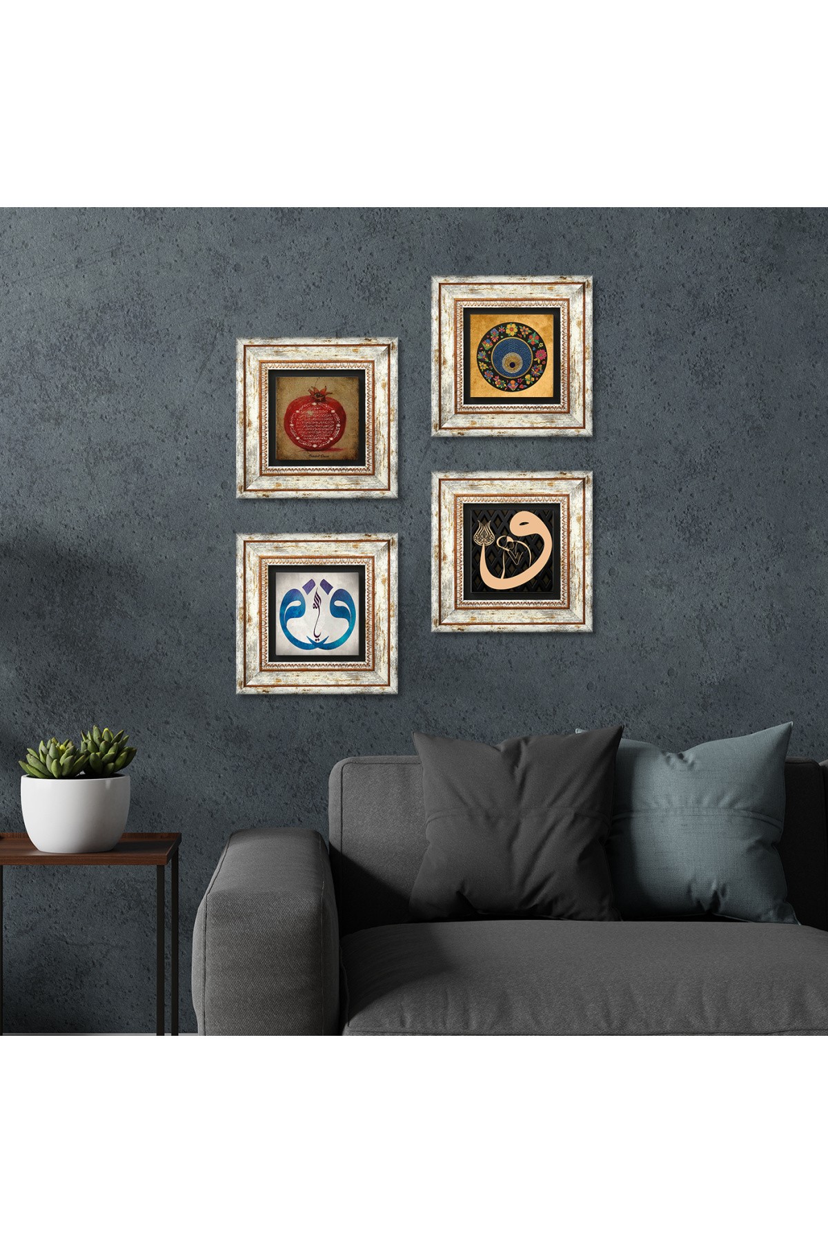 Vav, Evil Eye, Prayer for Fertility Stone Wall Painting Framed Wall Decor 4 Piece Painting Set Wall Art