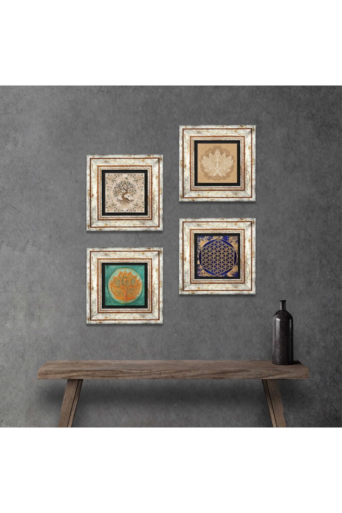 Lotus Çiçeği, Yaşam Çiçeği, Hayat Ağacı Taş Duvar Tablosu Çerçeveli Duvar Dekoru 4 Parça Tablo Seti Wall Art