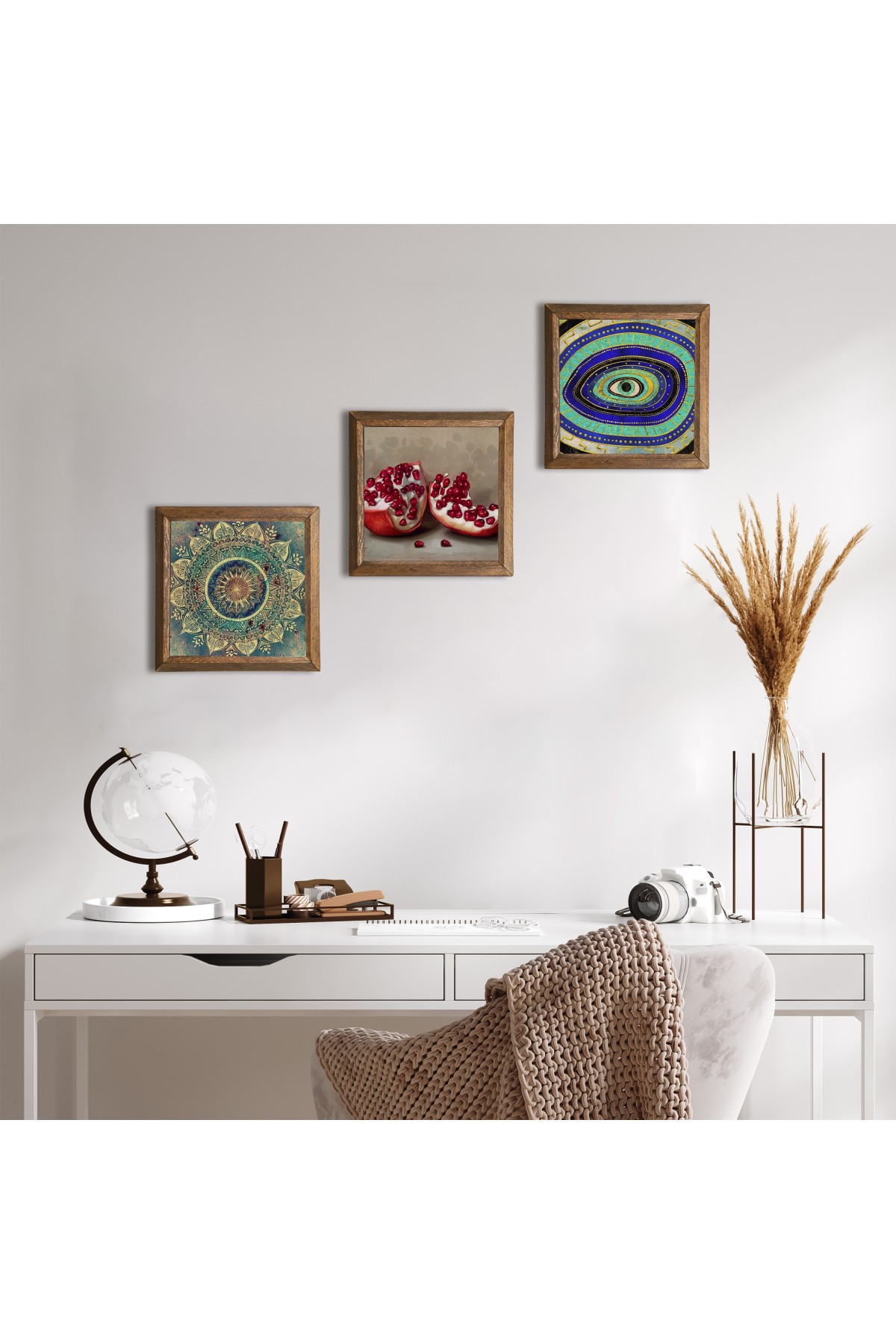 Mandala, Nazar, Nar Taş Duvar Tablosu Ahşap Çerçeveli Duvar Dekoru 3 Parça Tablo Seti Wall Art