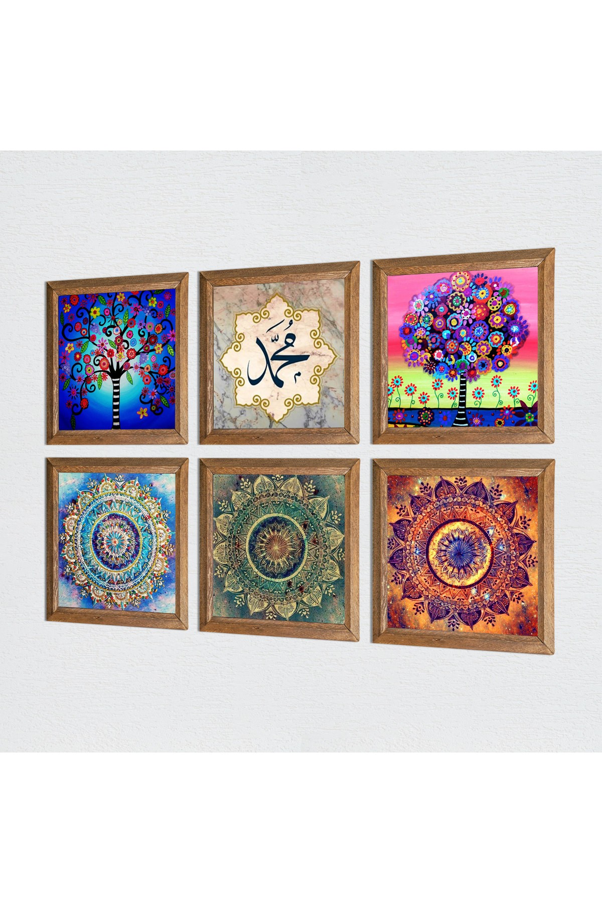 Mandala, Hayat Ağacı Taş Duvar Tablosu Ahşap Çerçeveli Duvar Dekoru 6 Parça Tablo Seti Wall Art