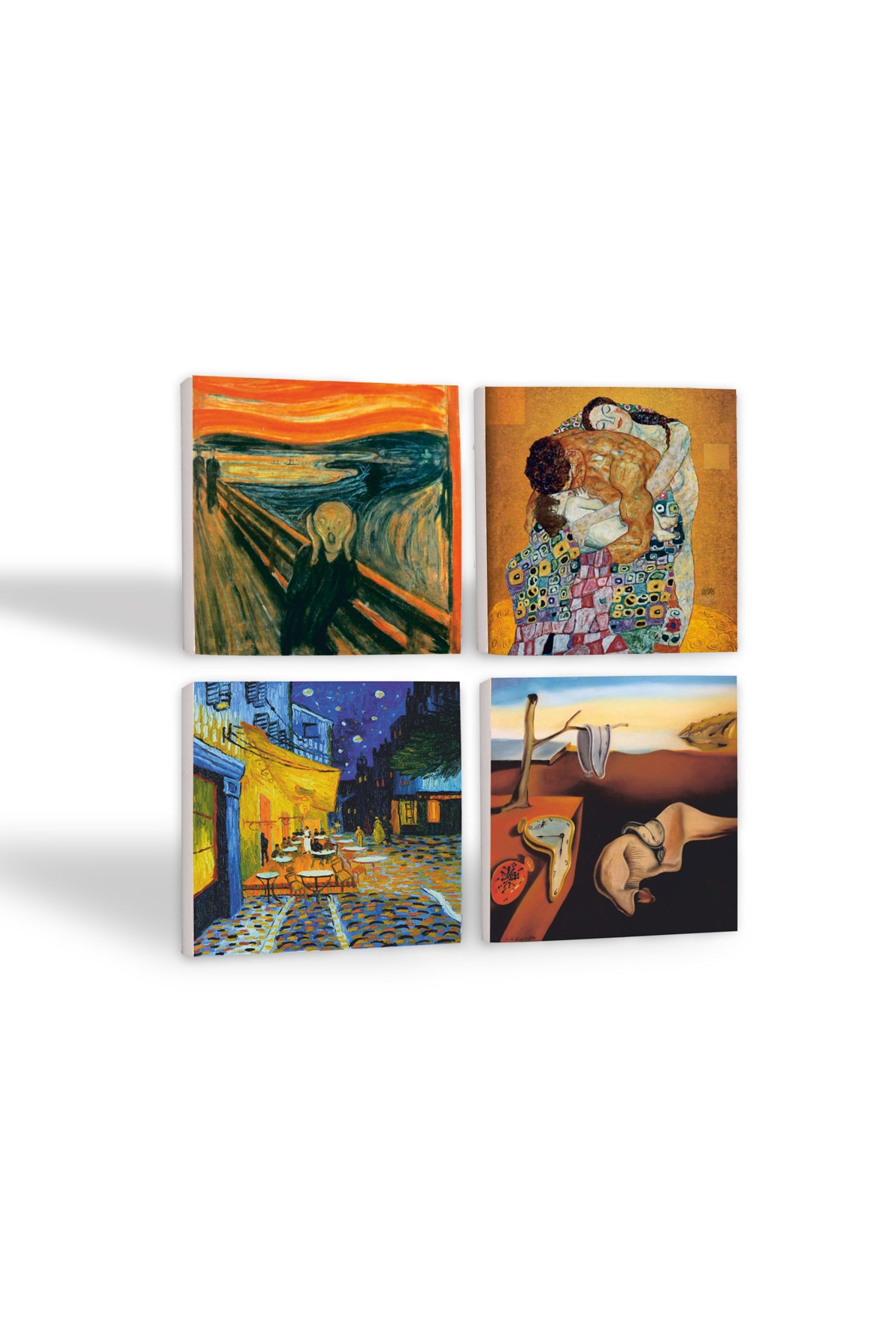 Dalí Belleğin Azmi, Van Gogh Kafe Terasta Gece, Çığlık, Klimt Aile Kucaklama Taş Bardak Altlığı Masaüstü Koruyucu Altlık 4 Parça Set 10x10cm Stone Coasters