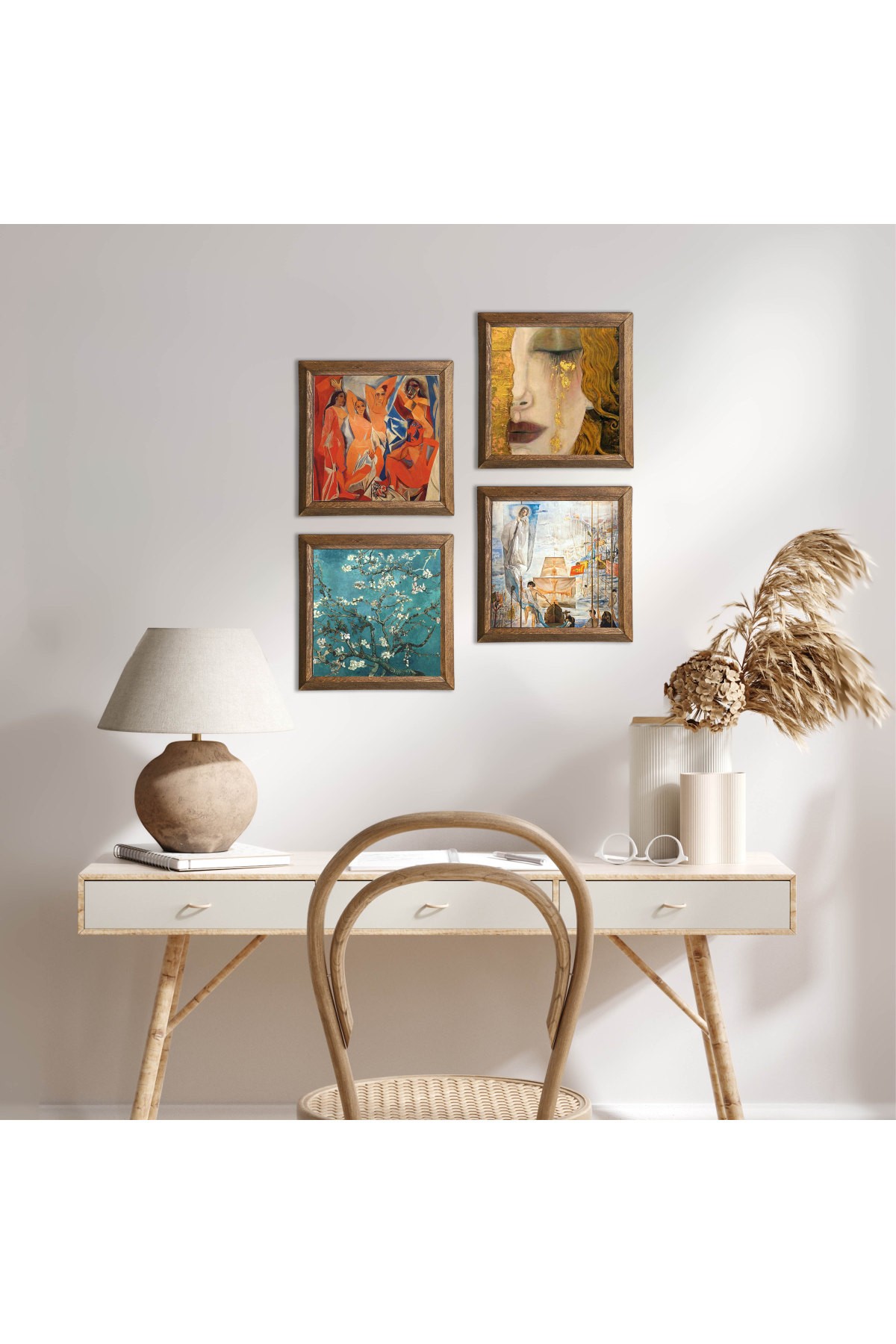 Salvador Dalí, Picasso, Van Gogh, Gustav Klimt Stone Wall Painting Wood Framed Wall Decor 4 Piece Painting Set Wall Art