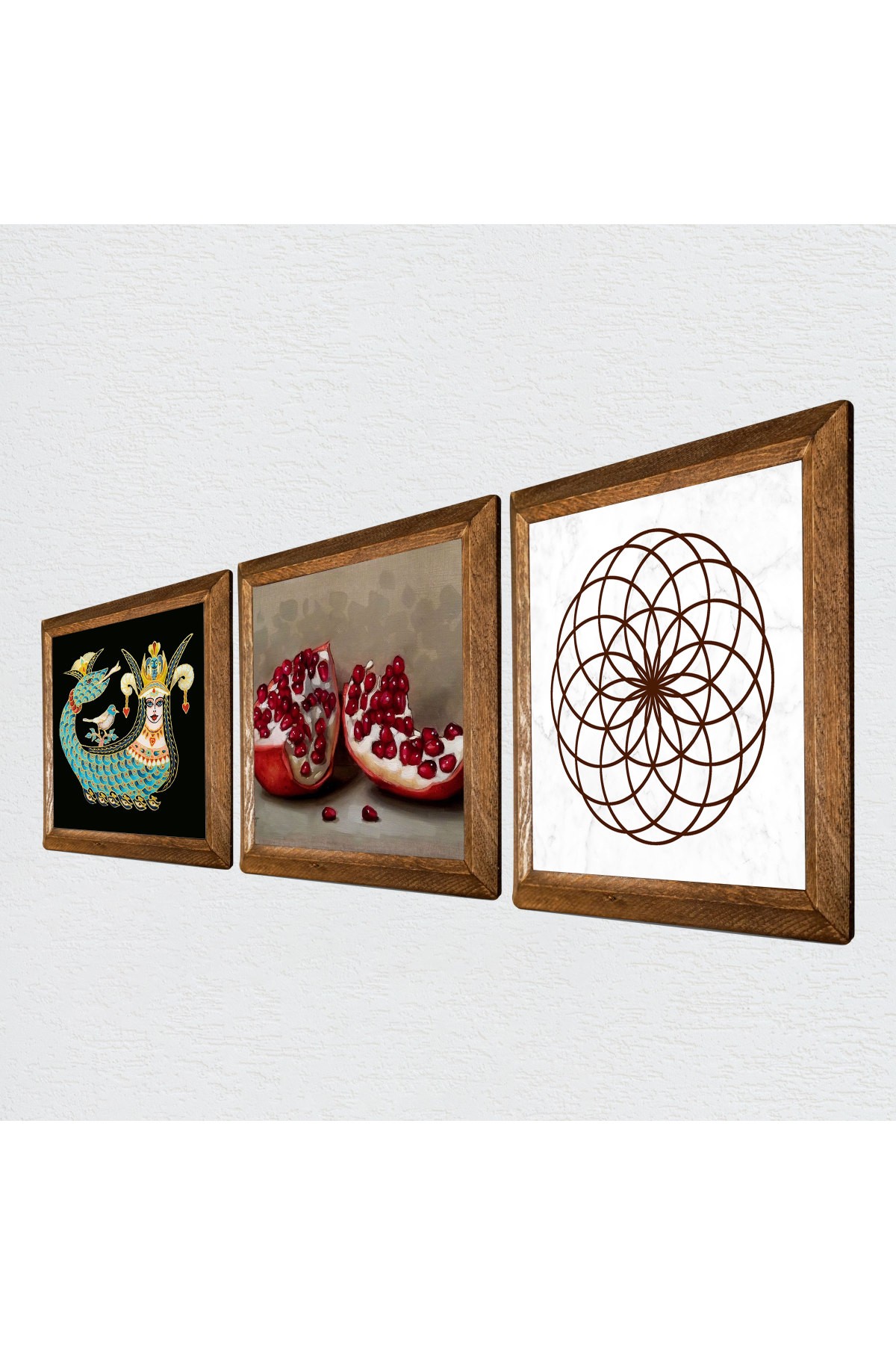 Flower of Life, Shahmaran, Pomegranate Stone Wall Painting Wooden Framed Wall Decor 3 Piece Painting Set Wall Art