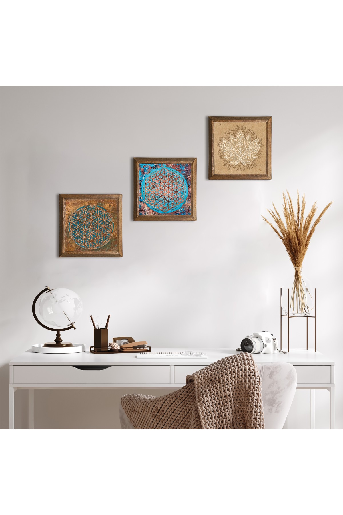 Flower of Life, Lotus Flower Stone Wall Painting Wooden Framed Wall Decor 3 Piece Painting Set Wall Art