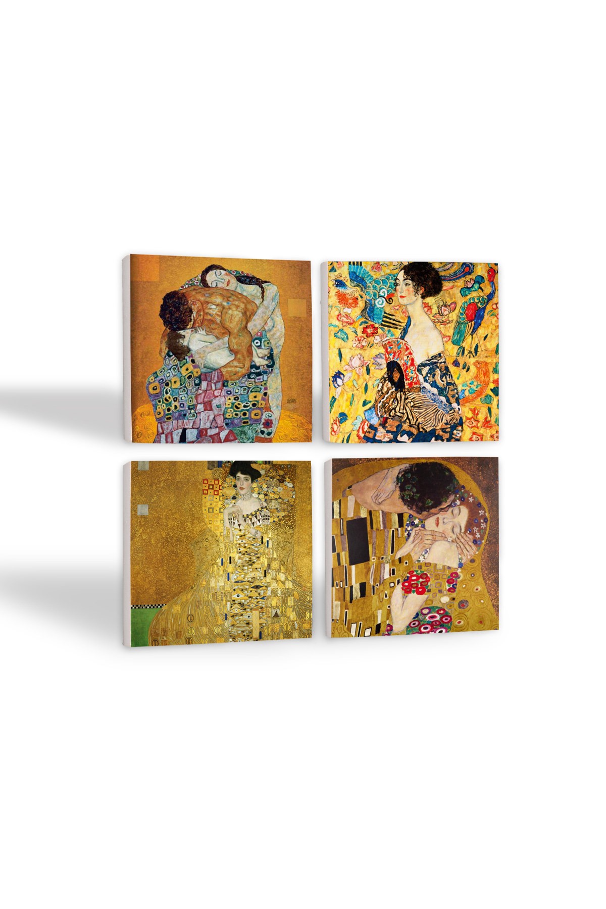 Gustav Klimt Yelpazeli Kadın, Bauer'in Portresi, Aile Kucaklama, Öpücük Taş Bardak Altlığı Masaüstü Koruyucu Altlık 4 Parça Set 10x10cm Stone Coasters