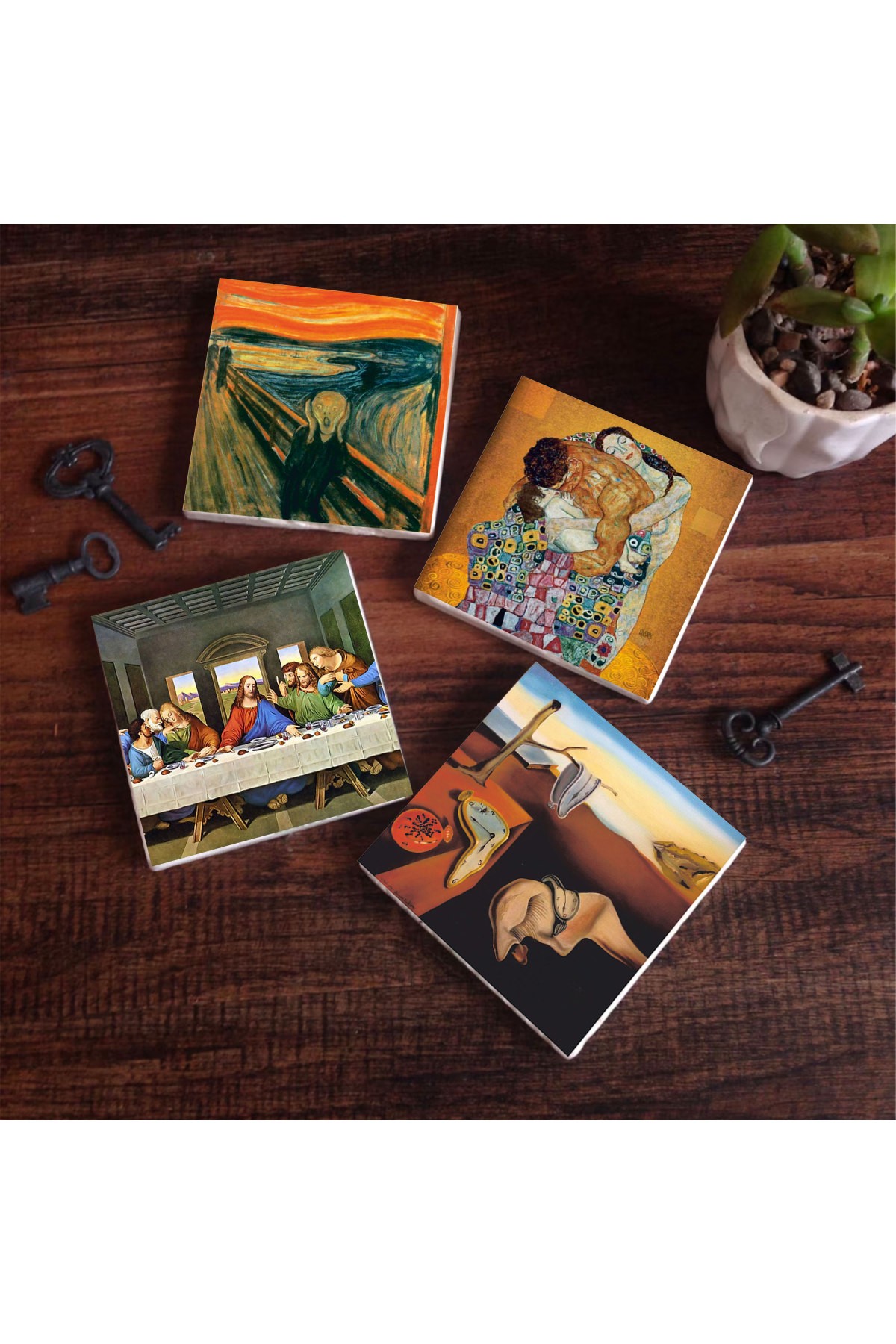 Dalí The Persistence of Memory, Da Vinci The Last Supper, The Scream, Klimt Family Embrace Stone Coasters Desktop Protective Coasters 4 Piece Set 10x10cm Stone Coasters