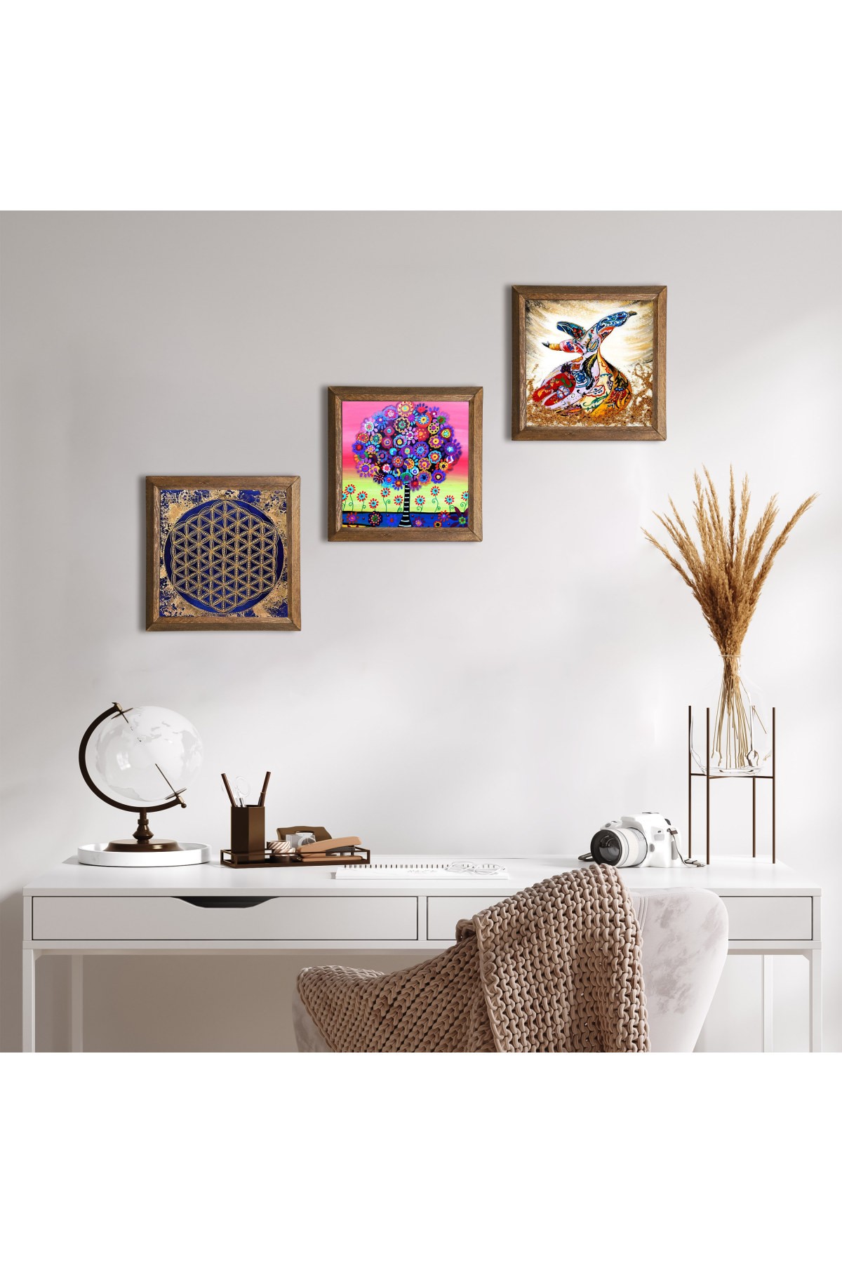 Flower of Life, Karla Gerard Tree of Life, Whirling Dervish Stone Wall Painting Wooden Framed Wall Decor 3 Piece Painting Set Wall Art