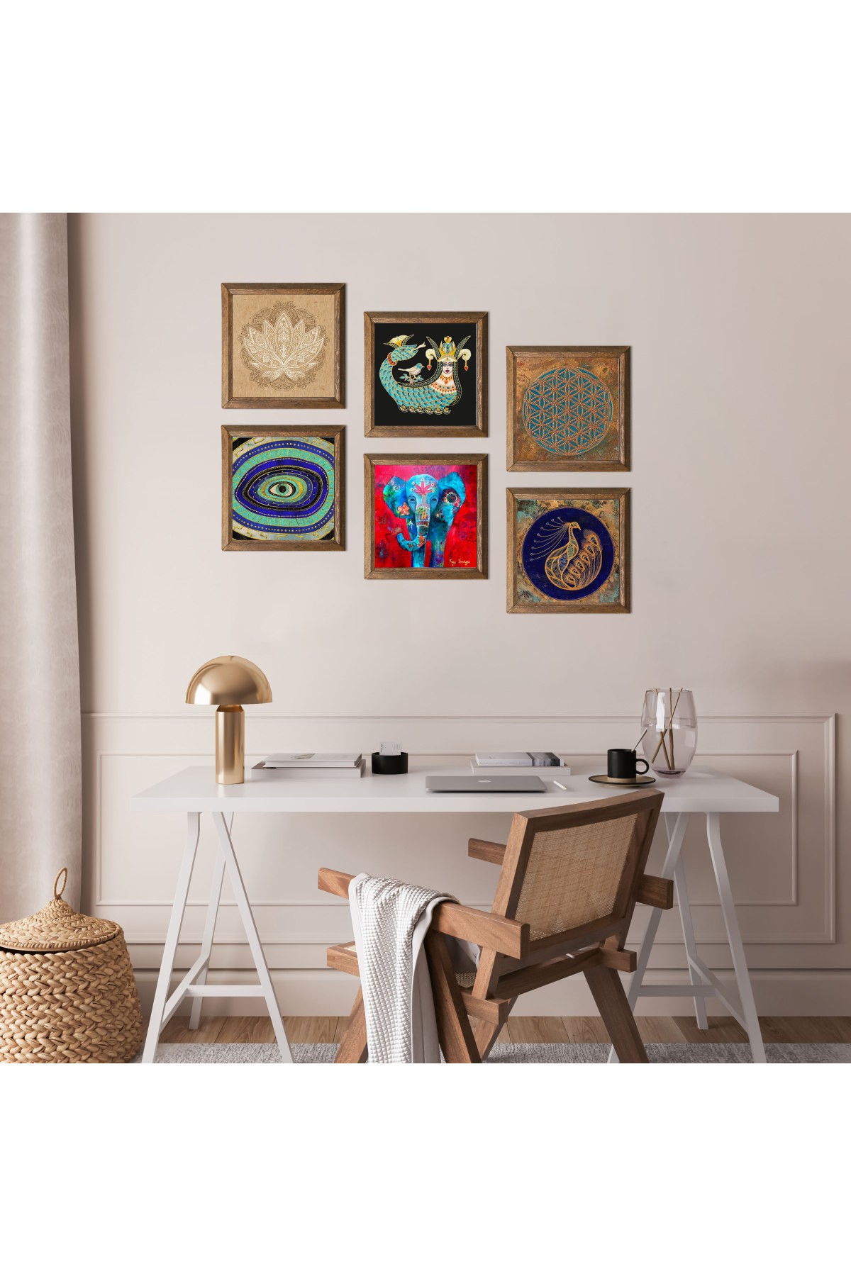 Yaşam Çiçeği, Fil, Nazar, Tavus Kuşu, Lotus Çiçeği, Şahmeran Taş Duvar Tablosu Ahşap Çerçeveli Duvar Dekoru 6 Parça Tablo Seti Wall Art