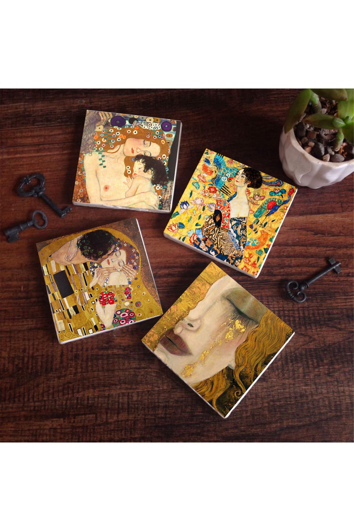 Gustav Klimt Yelpazeli Kadın, Altın Gözyaşları, Anne Çocuk, Öpücük Taş Bardak Altlığı Masaüstü Koruyucu Altlık 4 Parça Set 10x10cm Stone Coasters