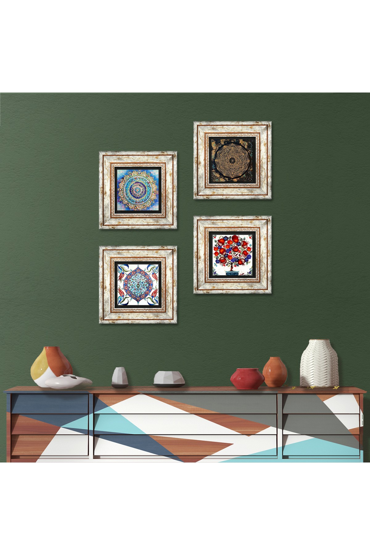 Mandala, Sri Yantra, Tile Art, Pomegranate Tree Stone Wall Painting Framed Wall Decor 4 Piece Painting Set Wall Art