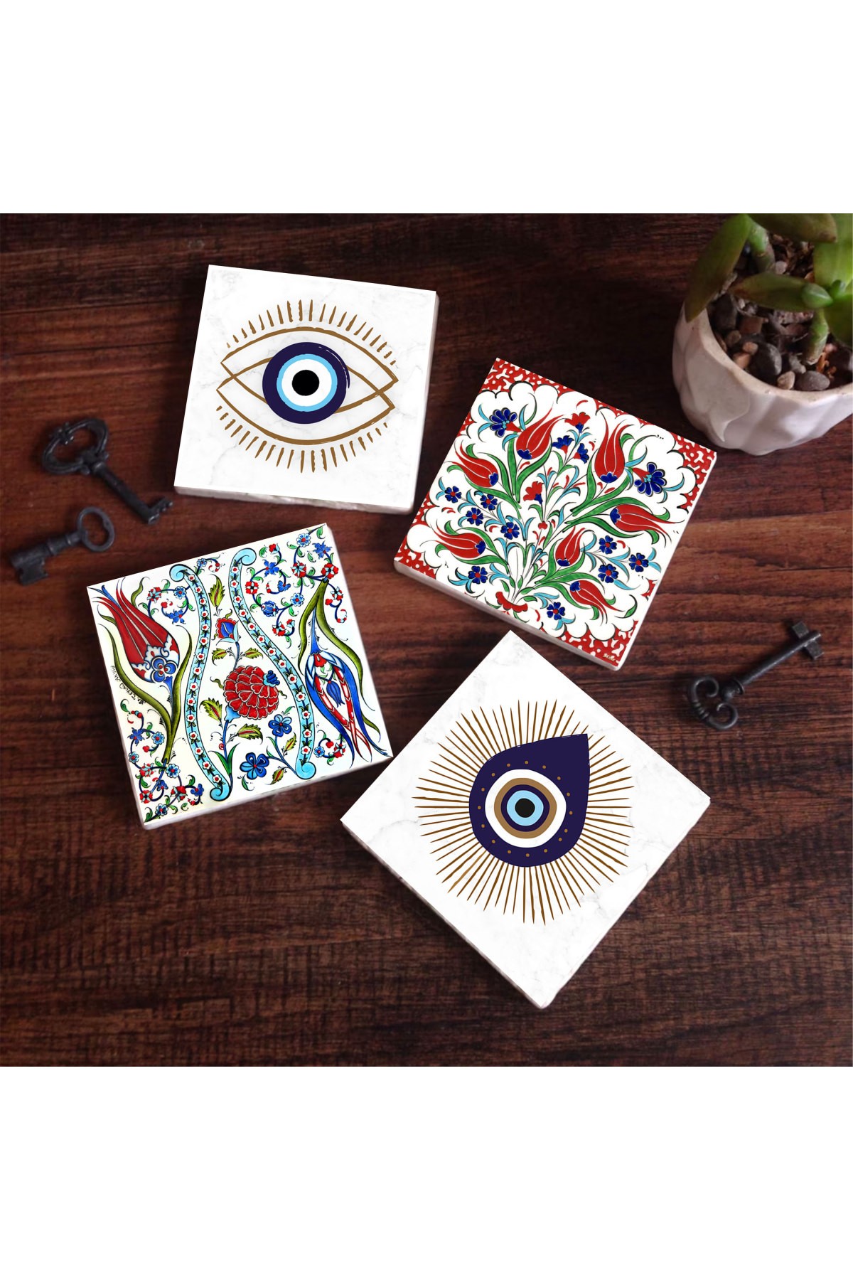 Evil Eye, Tile Art Tulip Stone Coasters Desktop Protective Coasters 4 Piece Set 10x10cm Stone Coasters