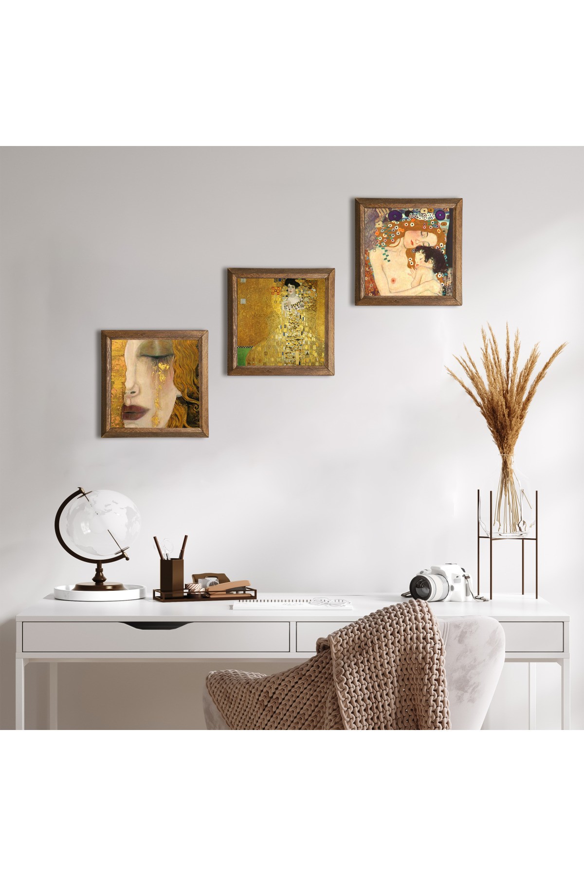 Gustav Klimt Bauer Portrait, Golden Tears, Mother Child Stone Wall Painting Wood Framed Wall Decor 3 Piece Painting Set Wall Art