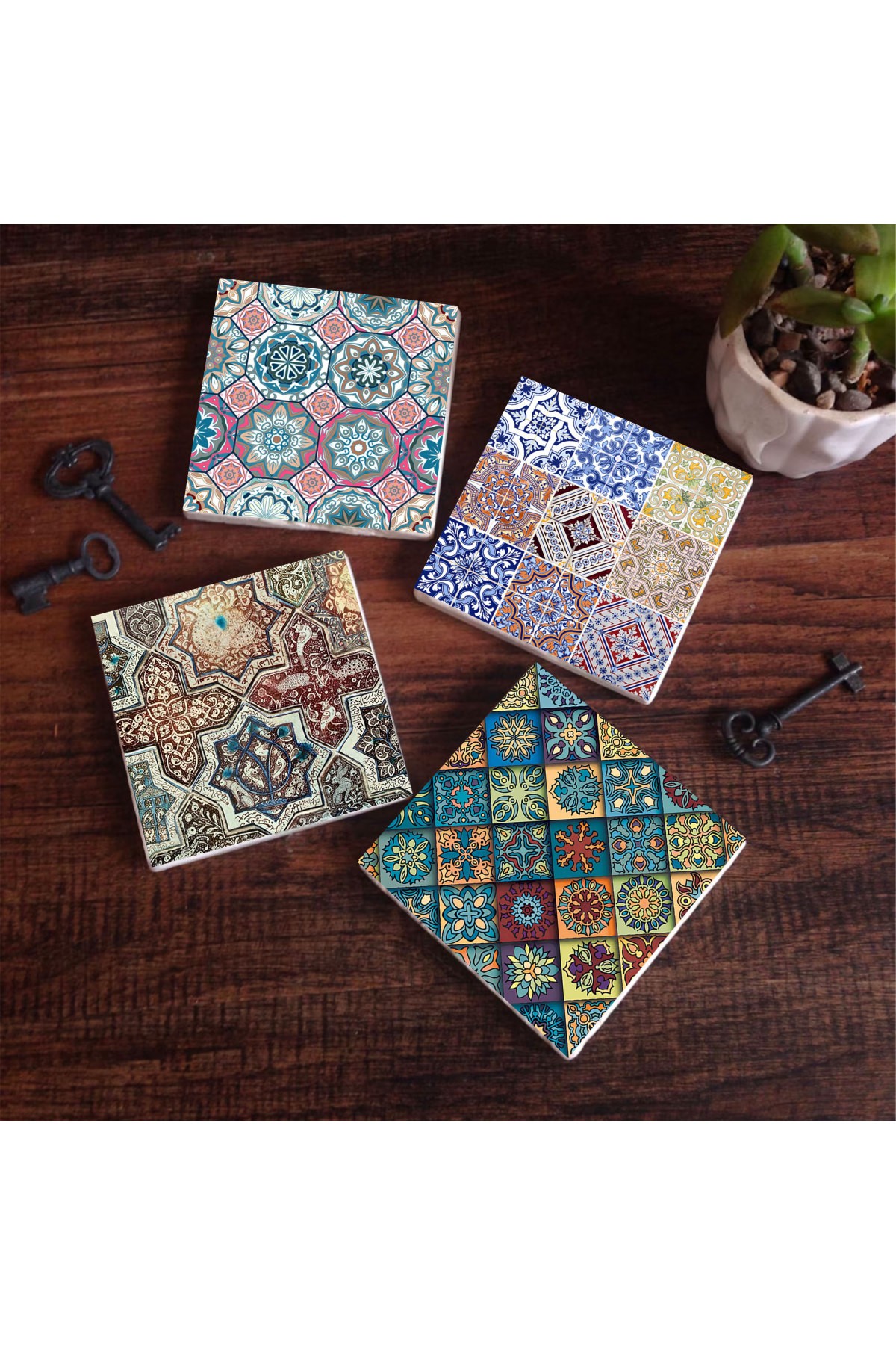 Etnik Desen Taş Bardak Altlığı Masaüstü Koruyucu Altlık 4 Parça Set 10x10cm Stone Coasters