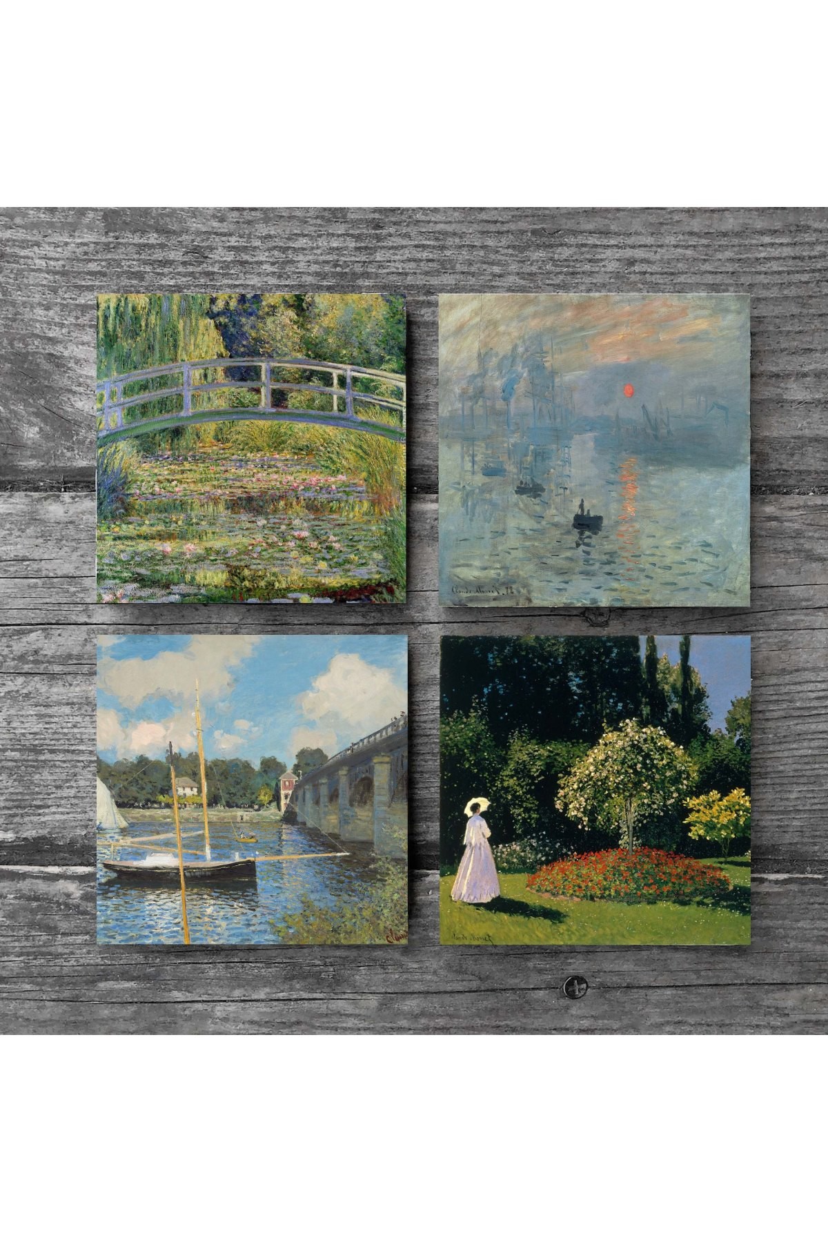 Monet Bahçedeki Kadın, Argenteuil'de Köprü, İzlenim Gün Doğumu, Nilüfer Gölü Taş Bardak Altlığı Masaüstü Koruyucu Altlık 4 Parça Set 10x10cm Stone Coasters