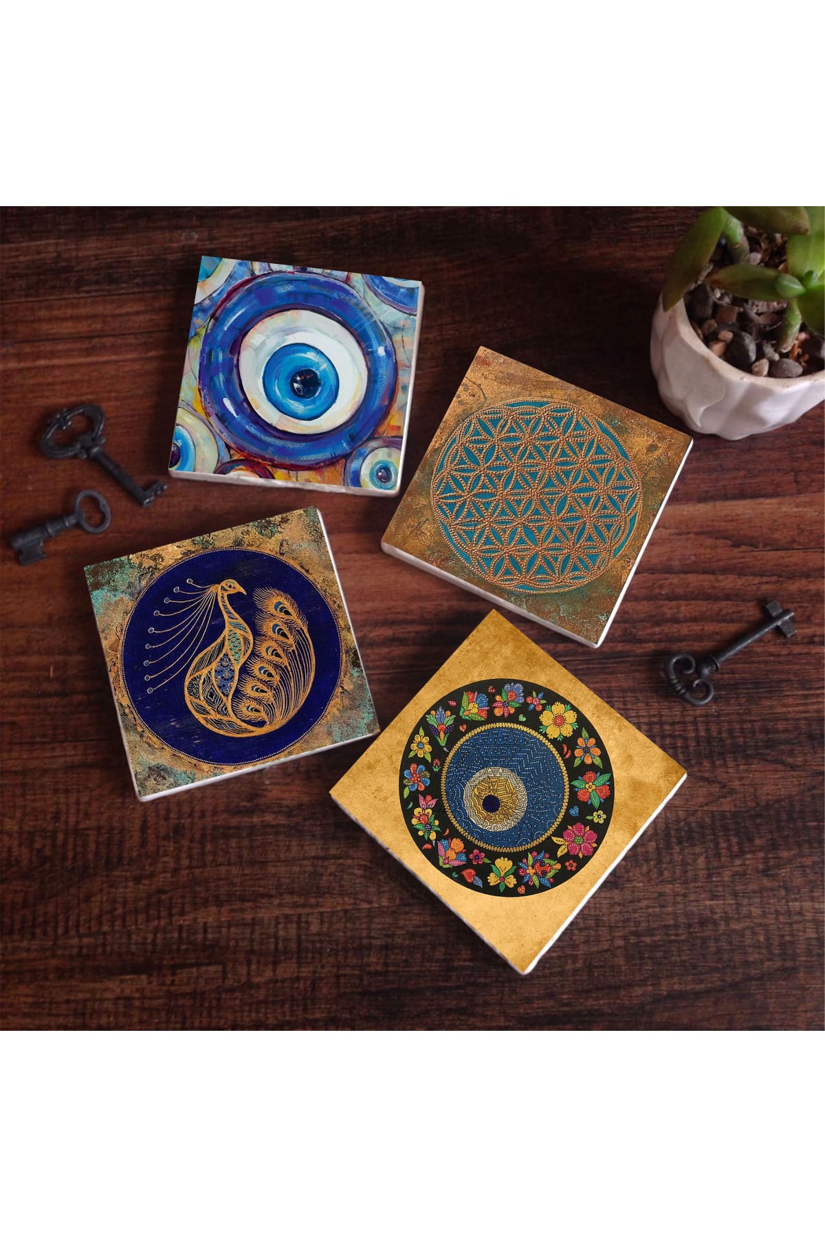 Nazar, Yaşam Çiçeği, Tavus Kuşu Taş Bardak Altlığı Masaüstü Koruyucu Altlık 4 Parça Set 10x10cm Stone Coasters