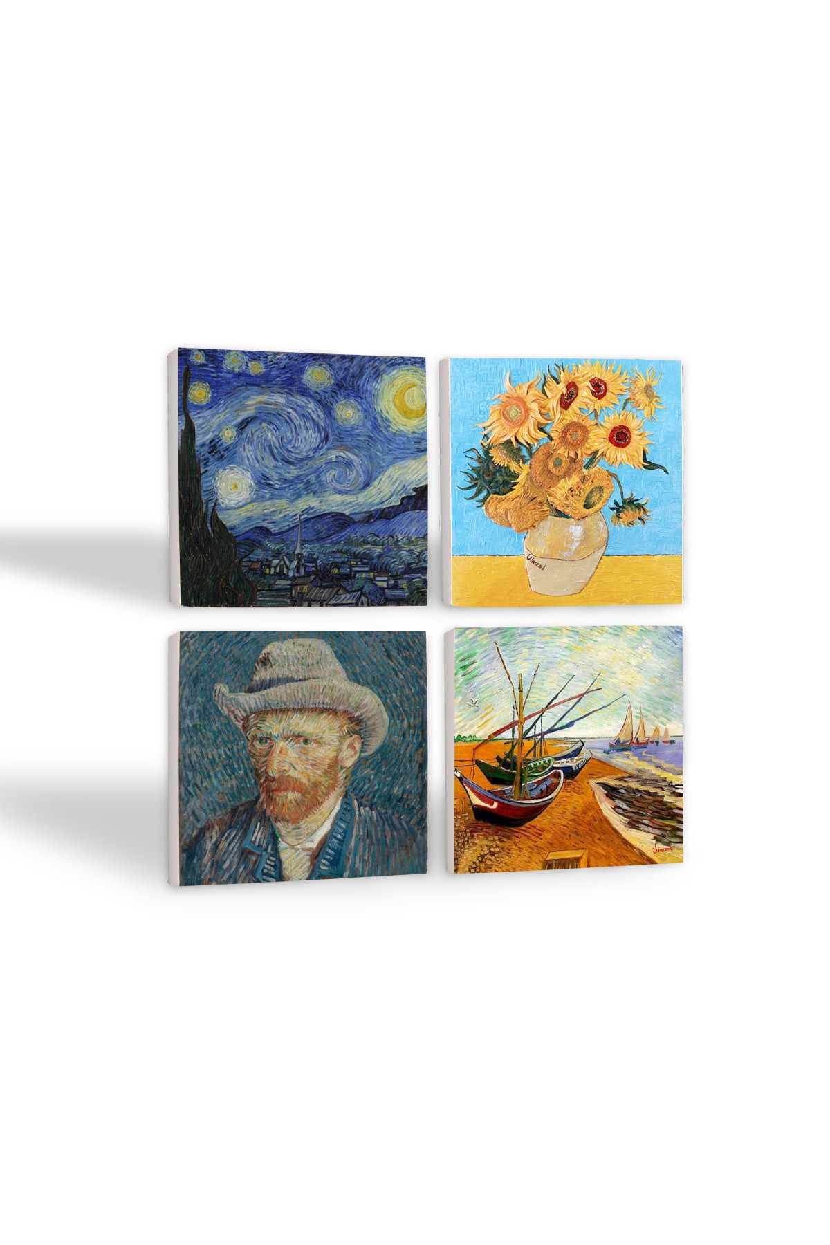 Van Gogh Balıkçı Tekneleri, On İki Ayçiçekli Vazo, Yıldızlı Gece, Otoportre Taş Bardak Altlığı Masaüstü Koruyucu Altlık 4 Parça Set 10x10cm Stone Coasters