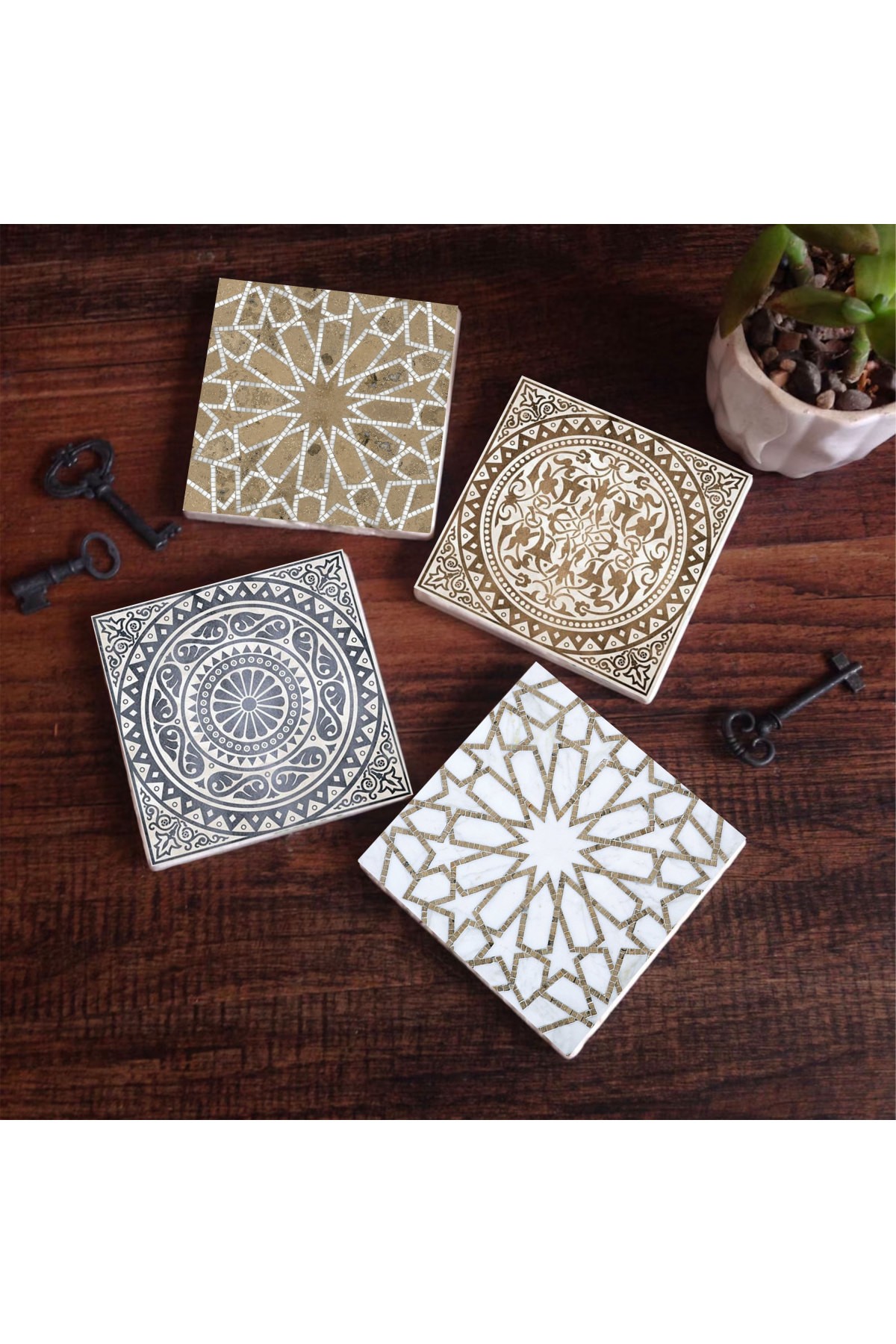 Etnik Desen Taş Bardak Altlığı Masaüstü Koruyucu Altlık 4 Parça Set 10x10cm Stone Coasters