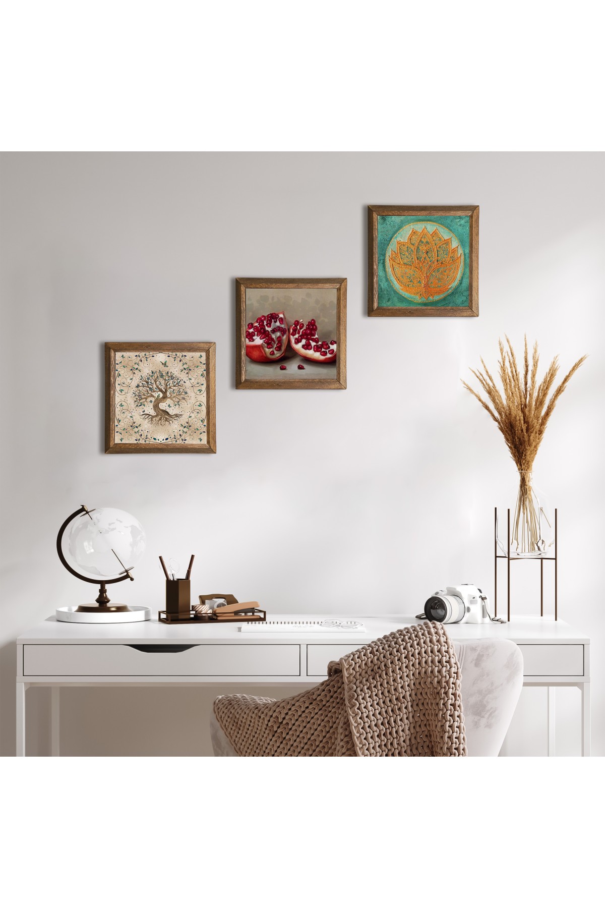 Lotus Çiçeği, Hayat Ağacı, Nar Taş Duvar Tablosu Ahşap Çerçeveli Duvar Dekoru 3 Parça Tablo Seti Wall Art