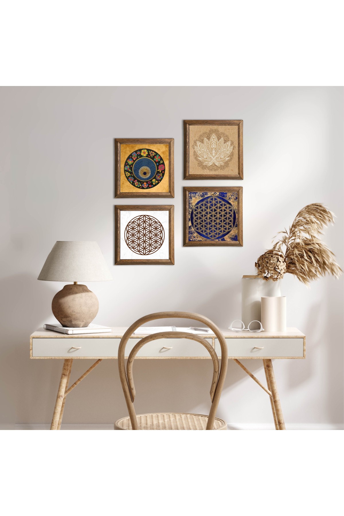 Lotus Çiçeği, Yaşam Çiçeği, Nazar Taş Duvar Tablosu Ahşap Çerçeveli Duvar Dekoru 4 Parça Tablo Seti Wall Art