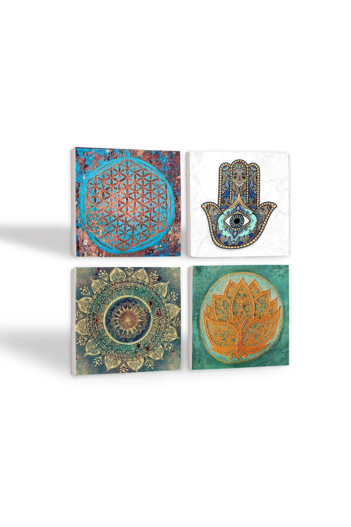 Mandala, Flower of Life, Lotus Flower, Hand of Mother Fatma (Hamsa) Stone Coasters Desktop Protective Coasters 4 Piece Set 10x10cm Stone Coasters