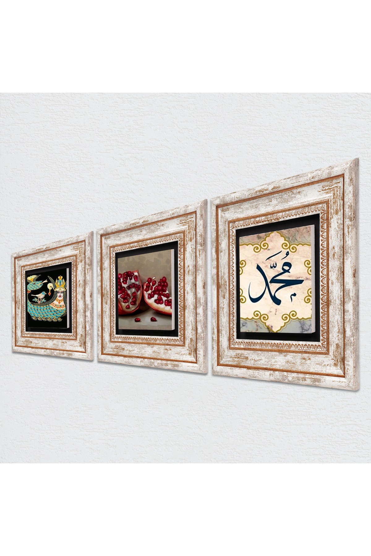 Hz. Word of Muhammad, Shahmaran, Pomegranate Stone Wall Painting Framed Wall Decoration 3 Piece Painting Set Wall Art