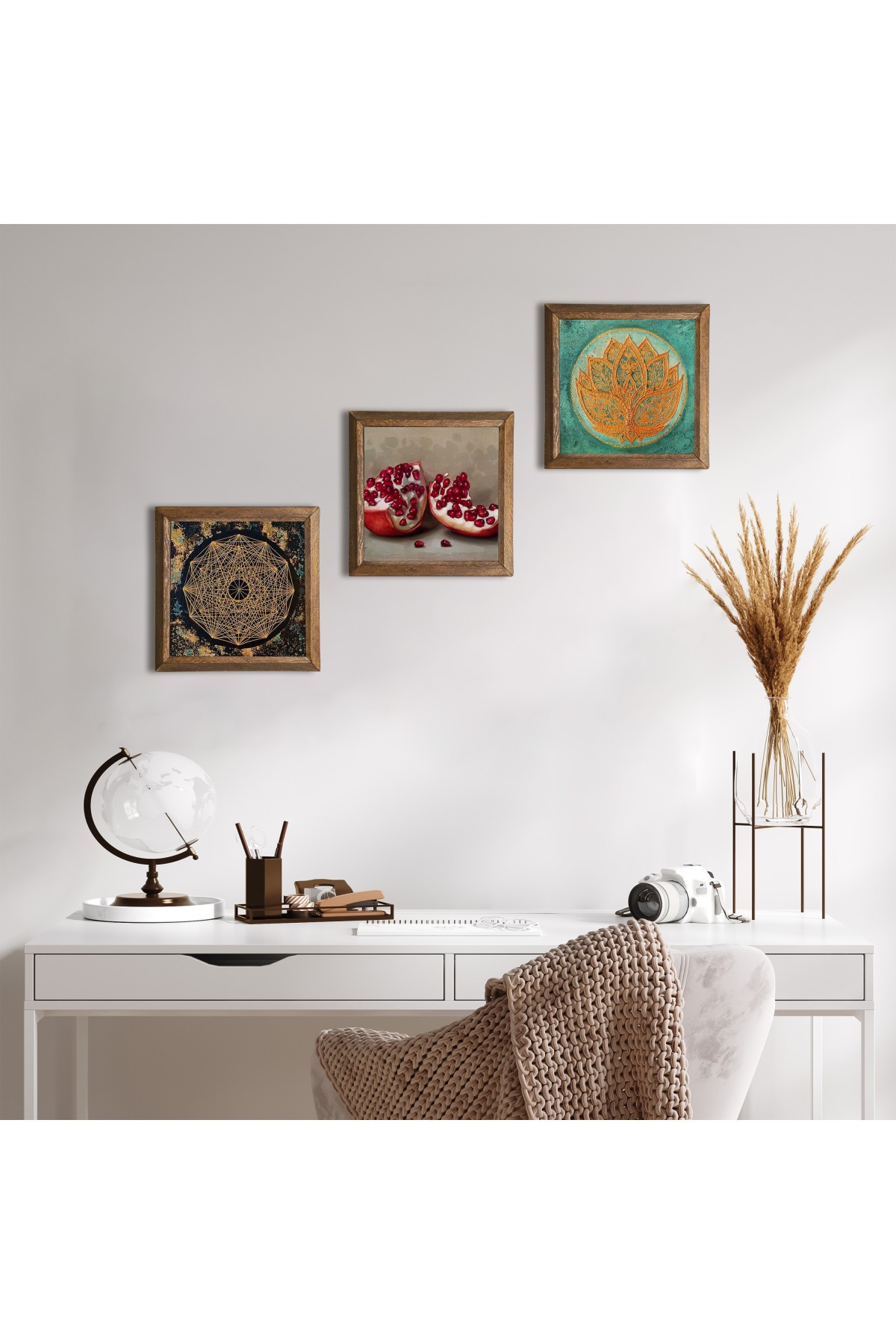 Sri Yantra, Lotus Çiçeği, Nar Taş Duvar Tablosu Ahşap Çerçeveli Duvar Dekoru 3 Parça Tablo Seti Wall Art