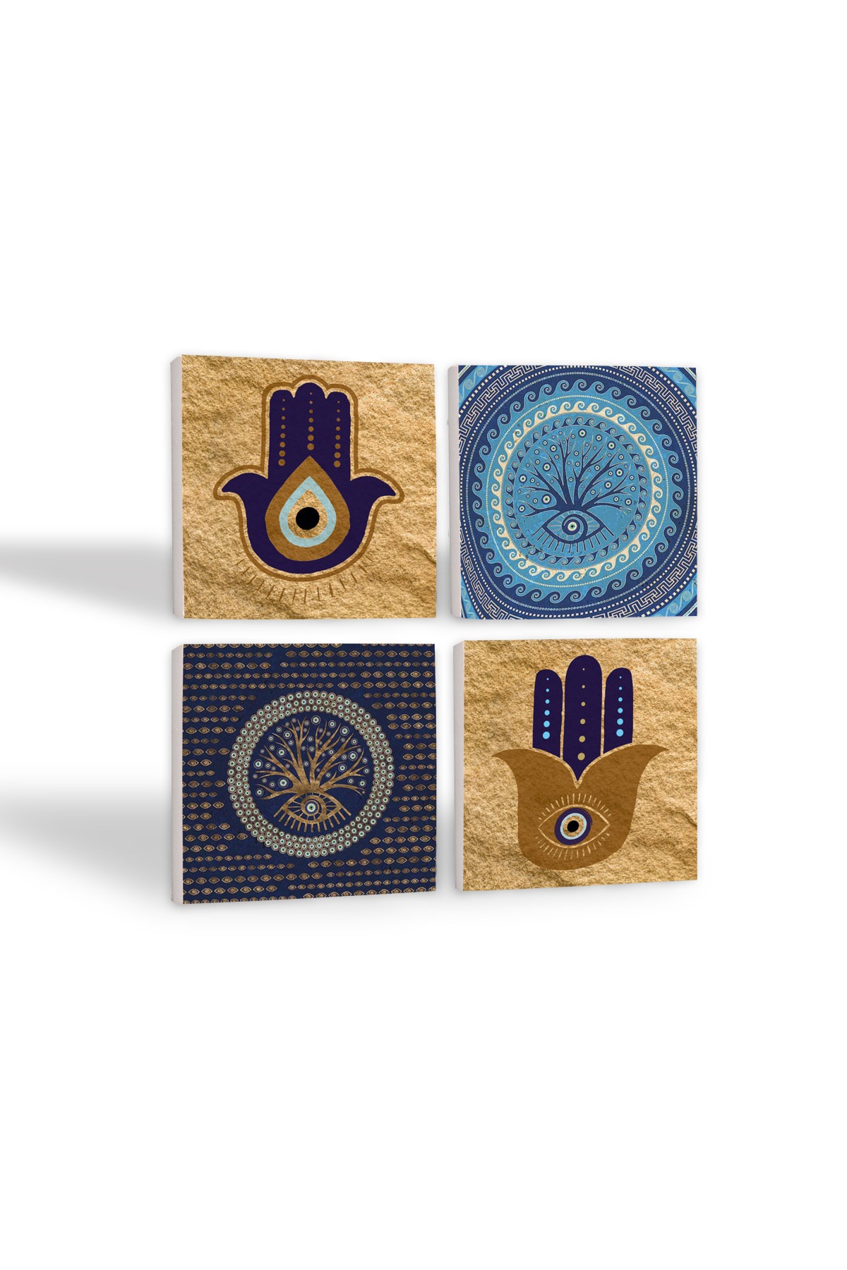 Fatma Ana Eli (Hamsa), Nazar Ağaç Taş Bardak Altlığı Masaüstü Koruyucu Altlık 4 Parça Set 10x10cm Stone Coasters