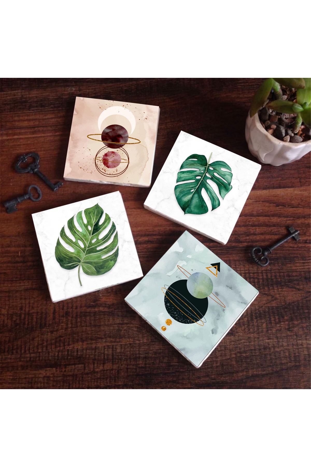 Minimalist Abstract, Leaf Stone Coasters Desktop Protective Coasters 4 Piece Set 10x10cm Stone Coasters