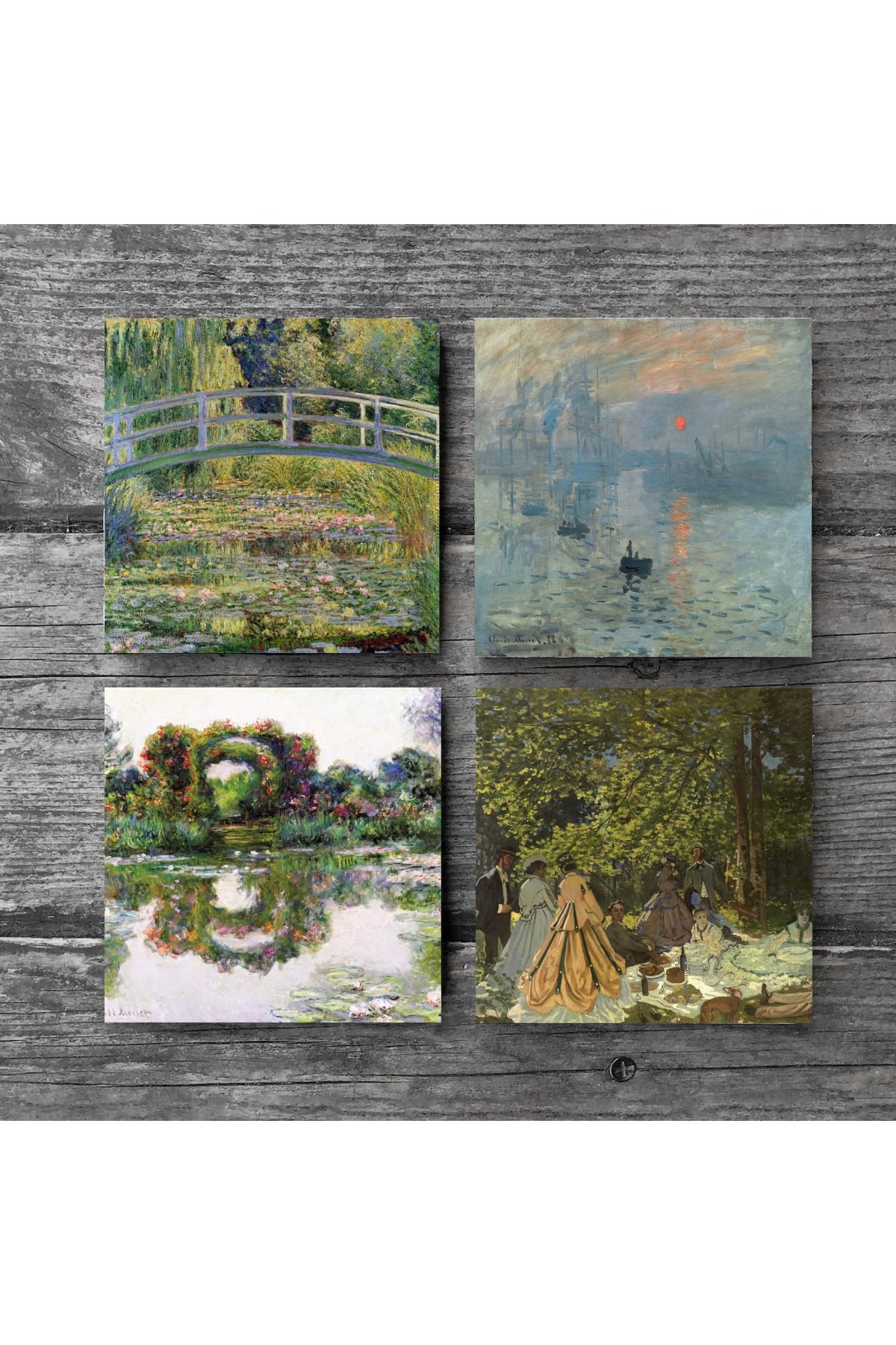 Monet Gül Çiçekli Kemer, Kırda Öğle Yemeği, İzlenim Gün Doğumu, Nilüfer Gölü Taş Bardak Altlığı Masaüstü Koruyucu Altlık 4 Parça Set 10x10cm Stone Coasters