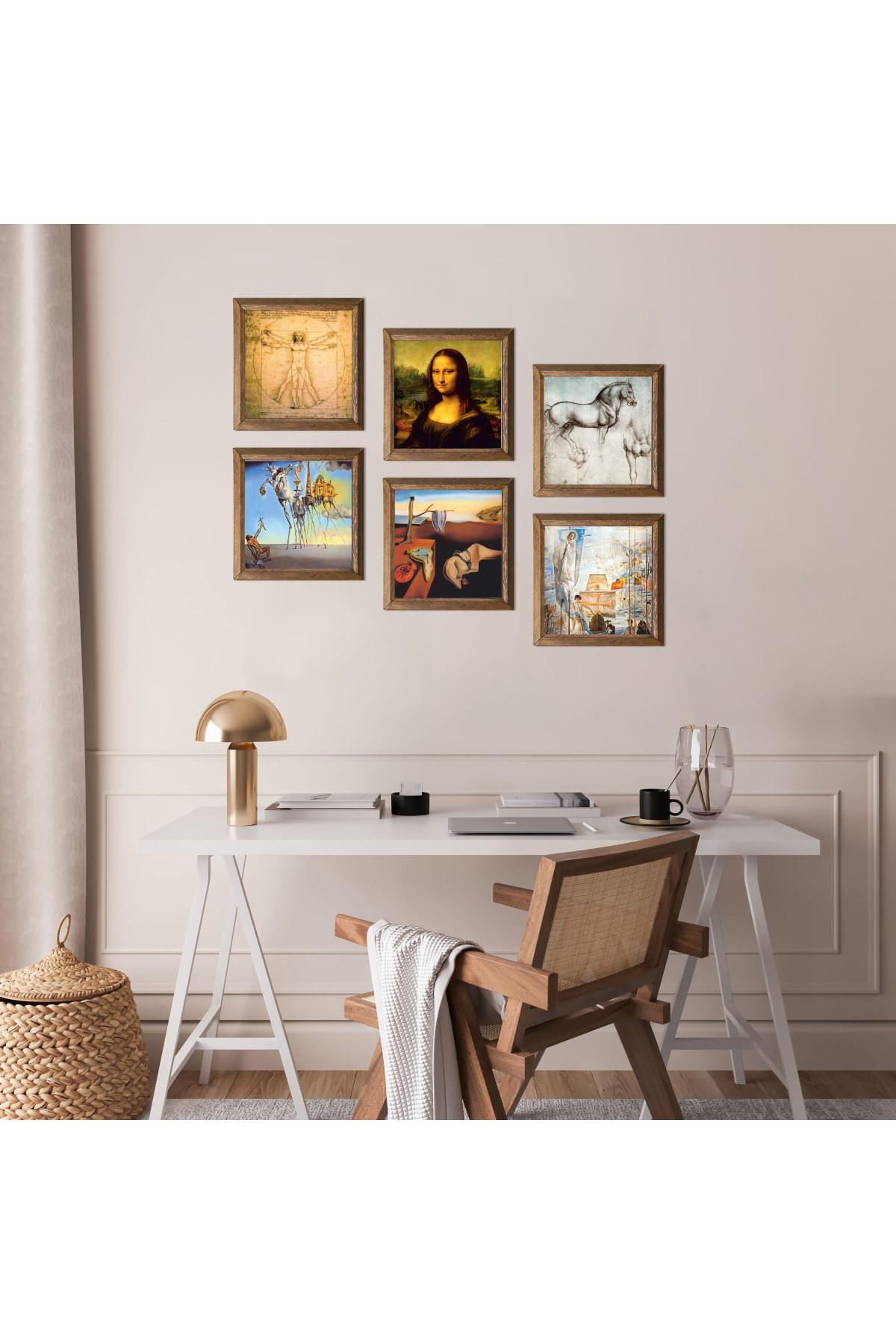 Leonardo da Vinci, Salvador Dalí Taş Duvar Tablosu Ahşap Çerçeveli Duvar Dekoru 6 Parça Tablo Seti Wall Art