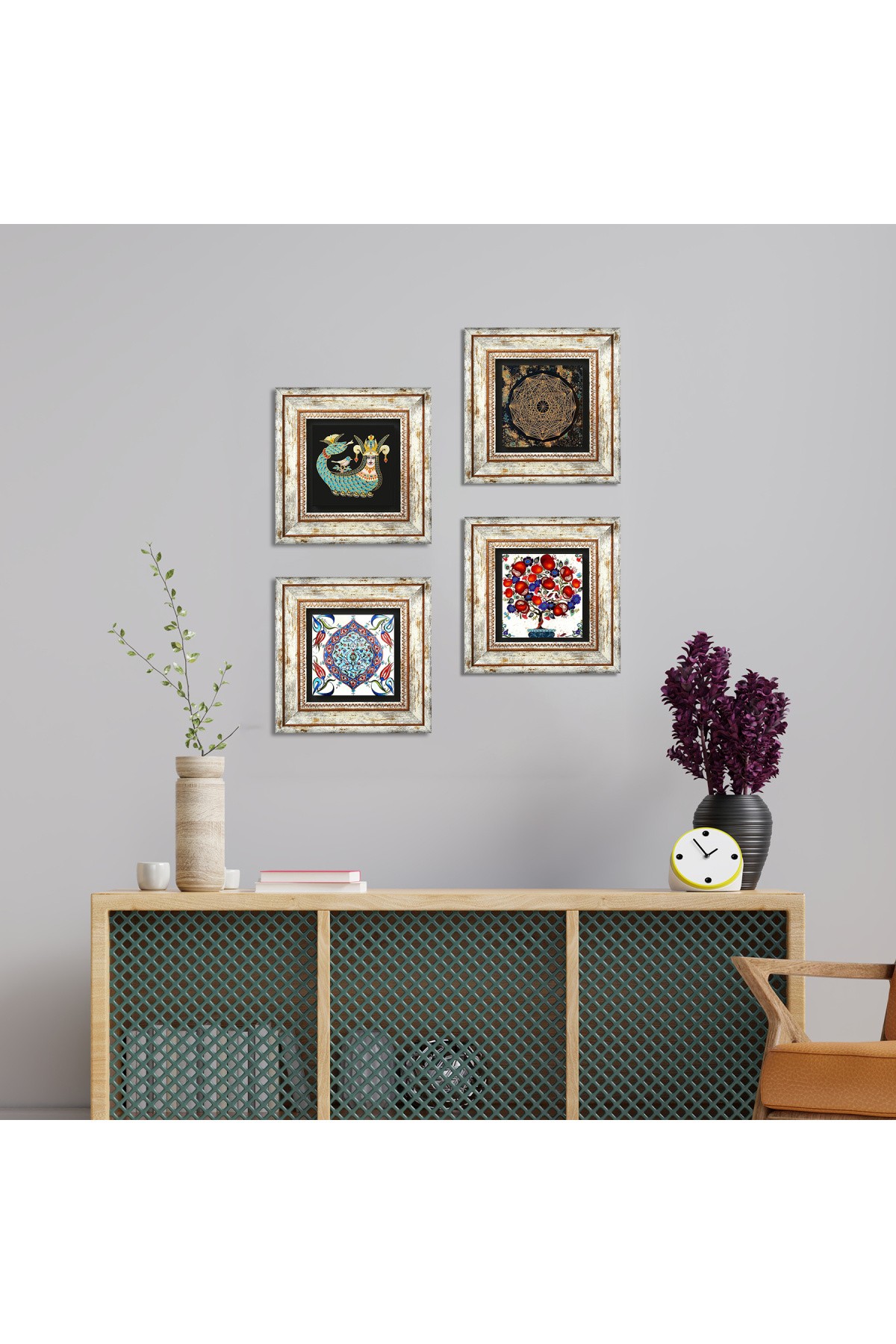 Sri Yantra, Çini Sanatı, Şahmeran, Nar Ağacı Taş Duvar Tablosu Çerçeveli Duvar Dekoru 4 Parça Tablo Seti Wall Art