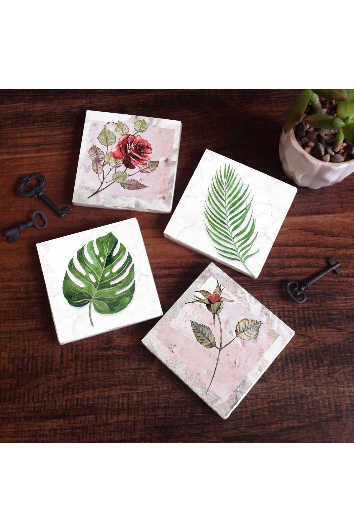 Rose Flower, Leaf Stone Coasters Desktop Protective Coasters 4 Piece Set 10x10cm Stone Coasters