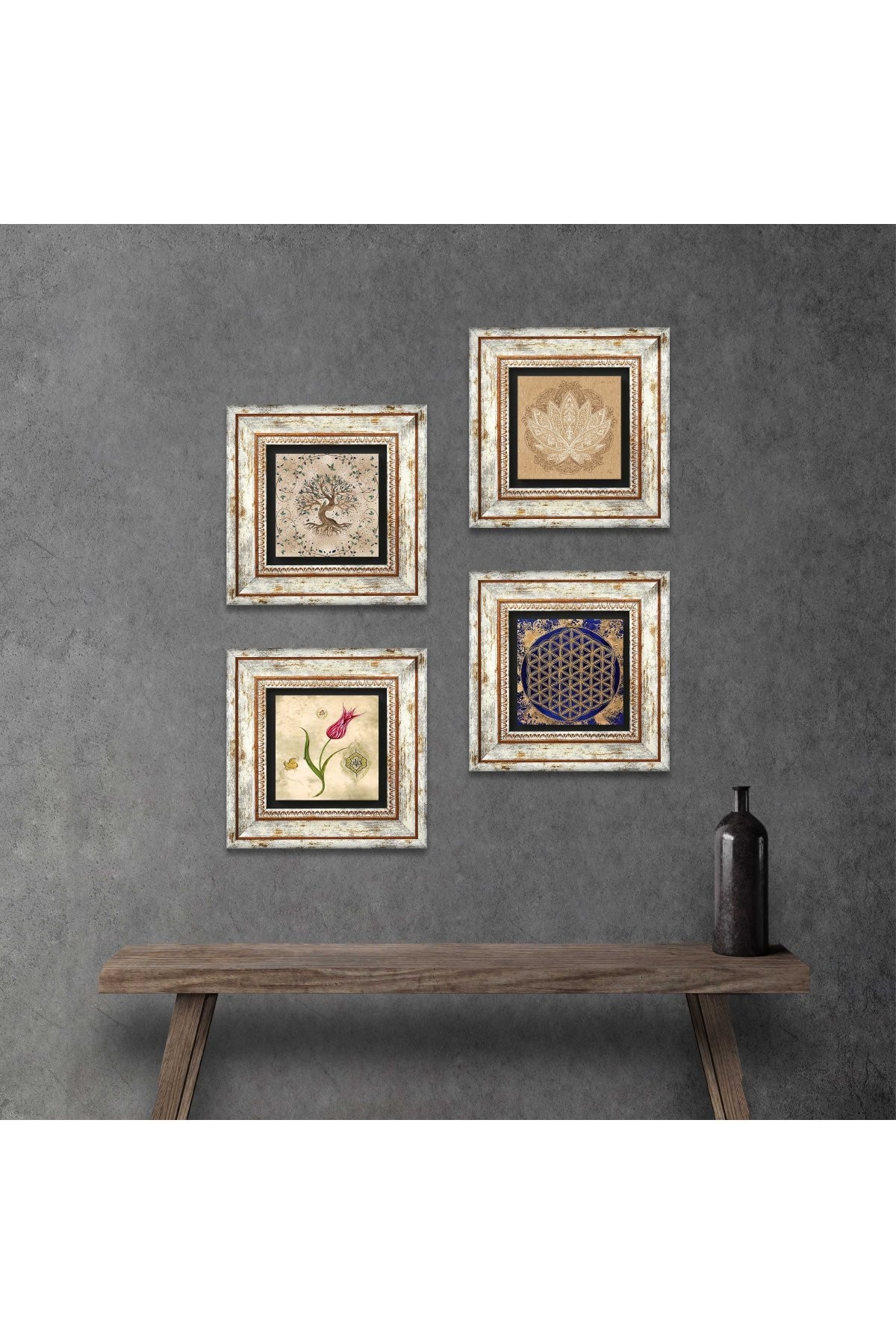 Lotus Çiçeği, Yaşam Çiçeği, Lale, Hayat Ağacı Taş Duvar Tablosu Çerçeveli Duvar Dekoru 4 Parça Tablo Seti Wall Art