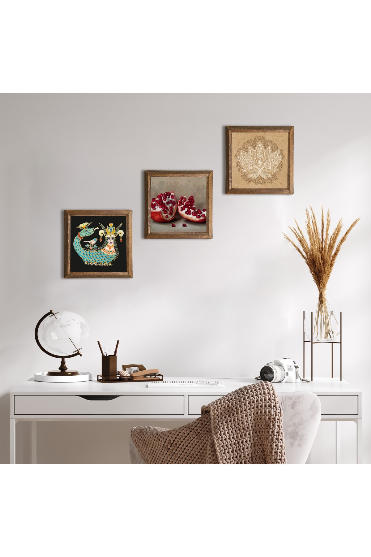 Lotus Çiçeği, Şahmeran, Nar Taş Duvar Tablosu Ahşap Çerçeveli Duvar Dekoru 3 Parça Tablo Seti Wall Art