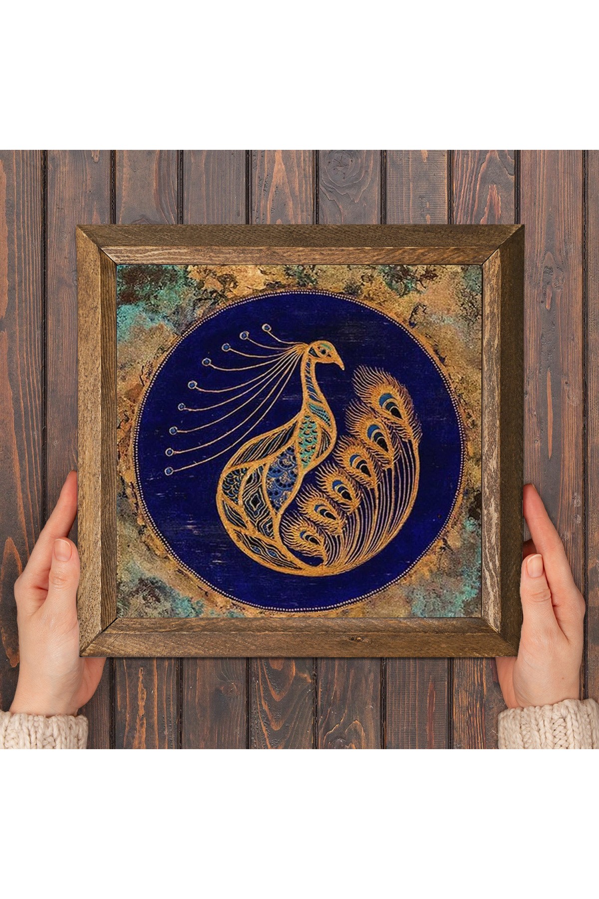 Tavus Kuşu Taş Duvar Tablosu Ahşap Çerçeveli Duvar Dekoru Wall Art 25x25cm