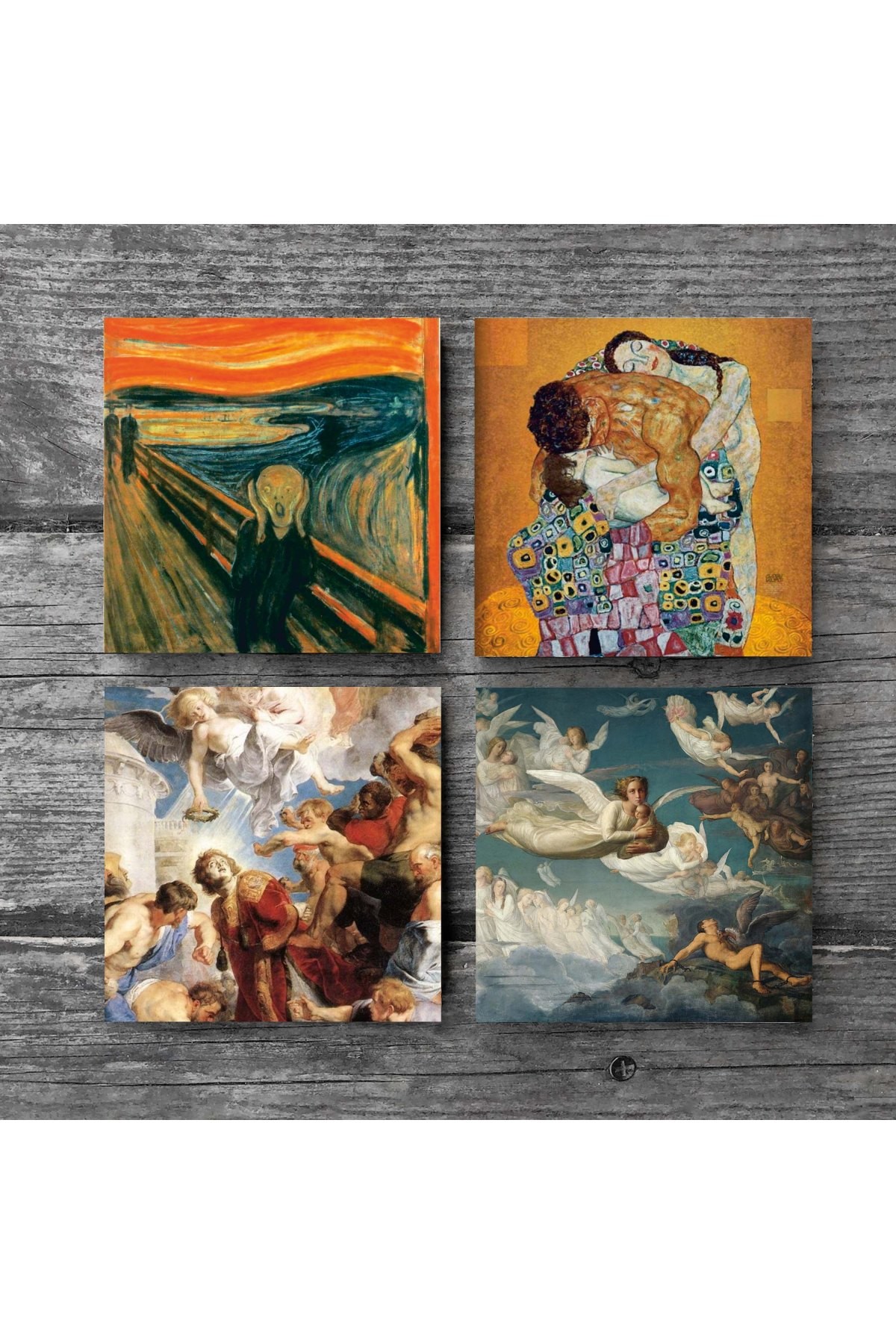 Çığlık, Klimt Aile Kucaklama, Ruhların Geçişi, Aziz Stephen Üçlemesi Taş Bardak Altlığı Masaüstü Koruyucu Altlık 4 Parça Set 10x10cm Stone Coasters