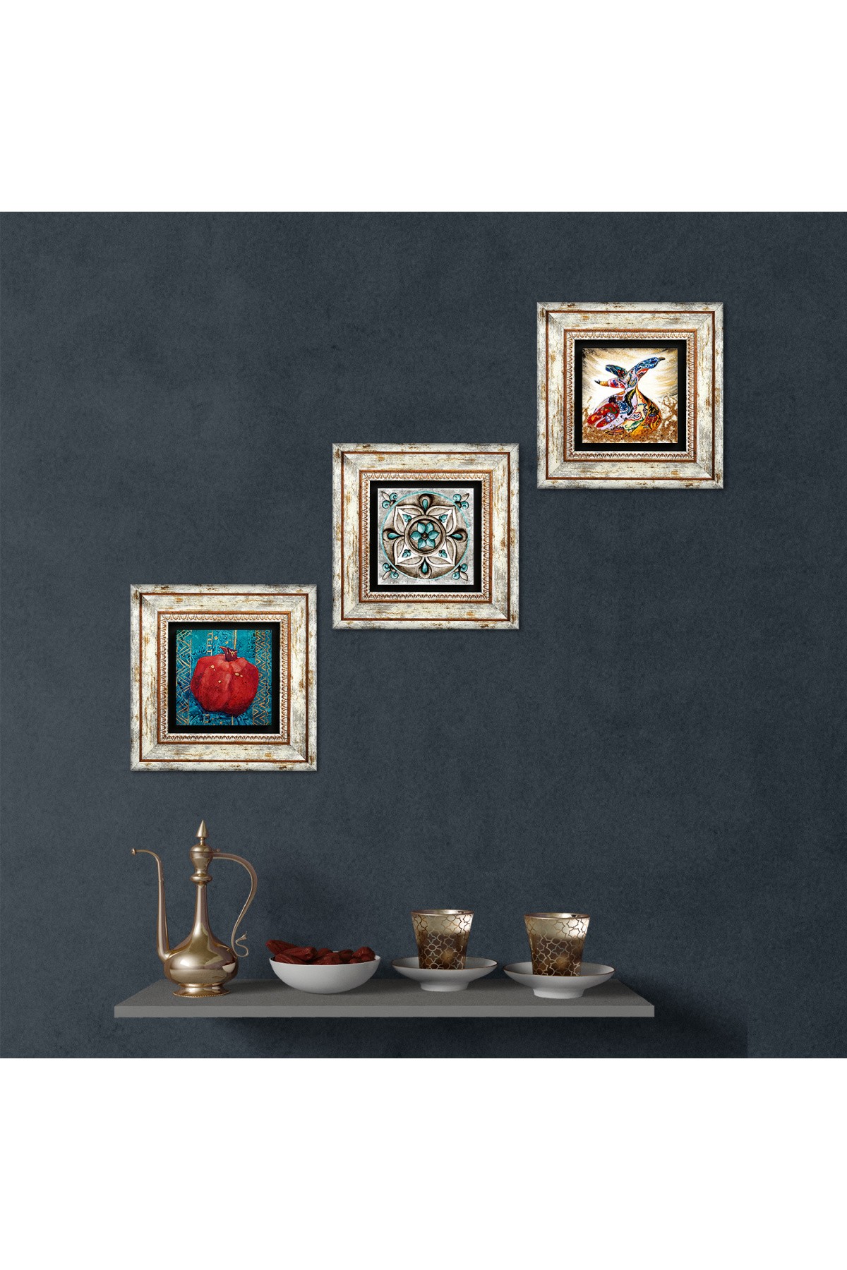 Çini Sanatı, Semazen, Nar Taş Duvar Tablosu Çerçeveli Duvar Dekoru 3 Parça Tablo Seti Wall Art