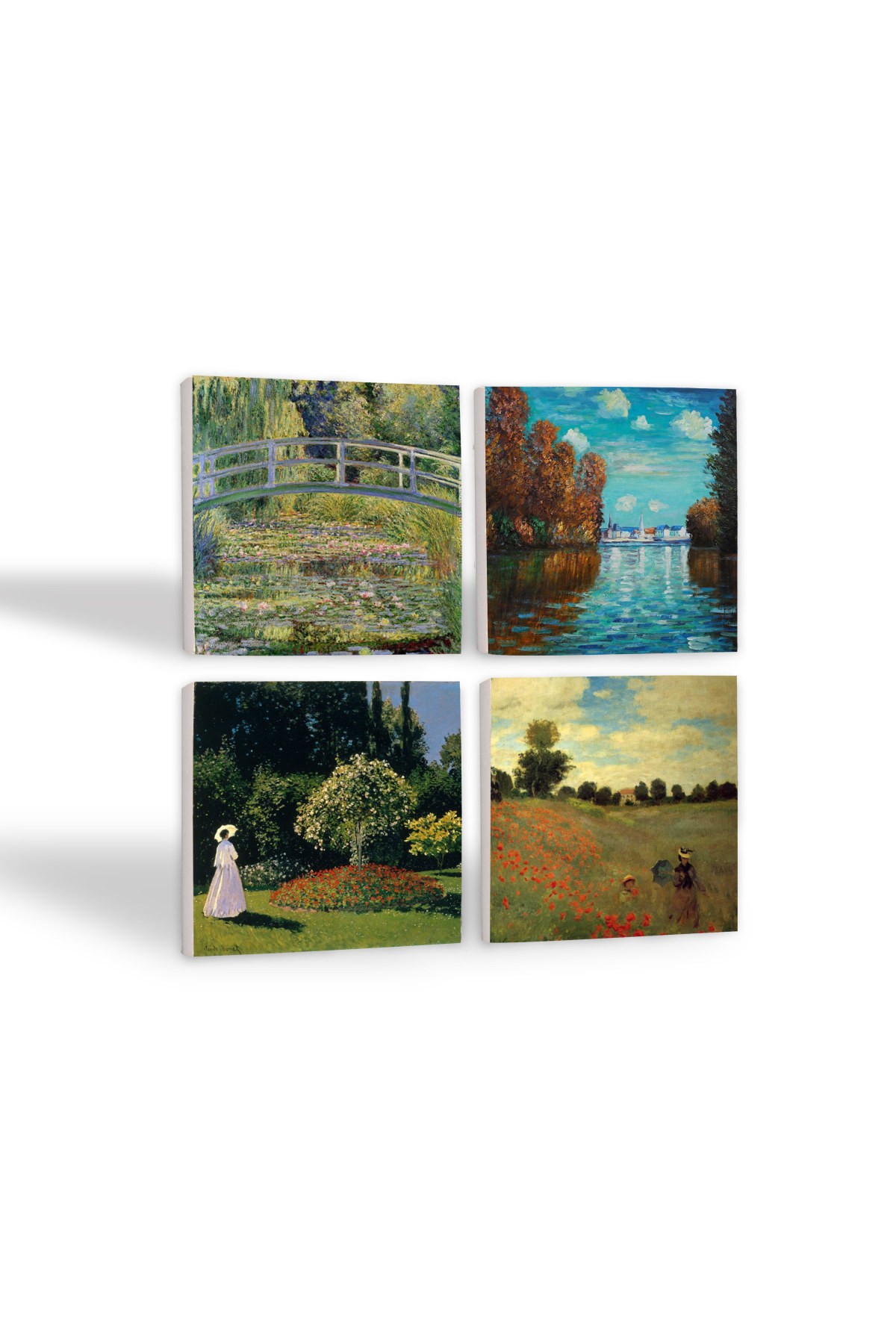 Claude Monet Sonbahar, Bahçedeki Kadın, Gelincikler, Nilüfer Gölü Taş Bardak Altlığı Masaüstü Koruyucu Altlık 4 Parça Set 10x10cm Stone Coasters