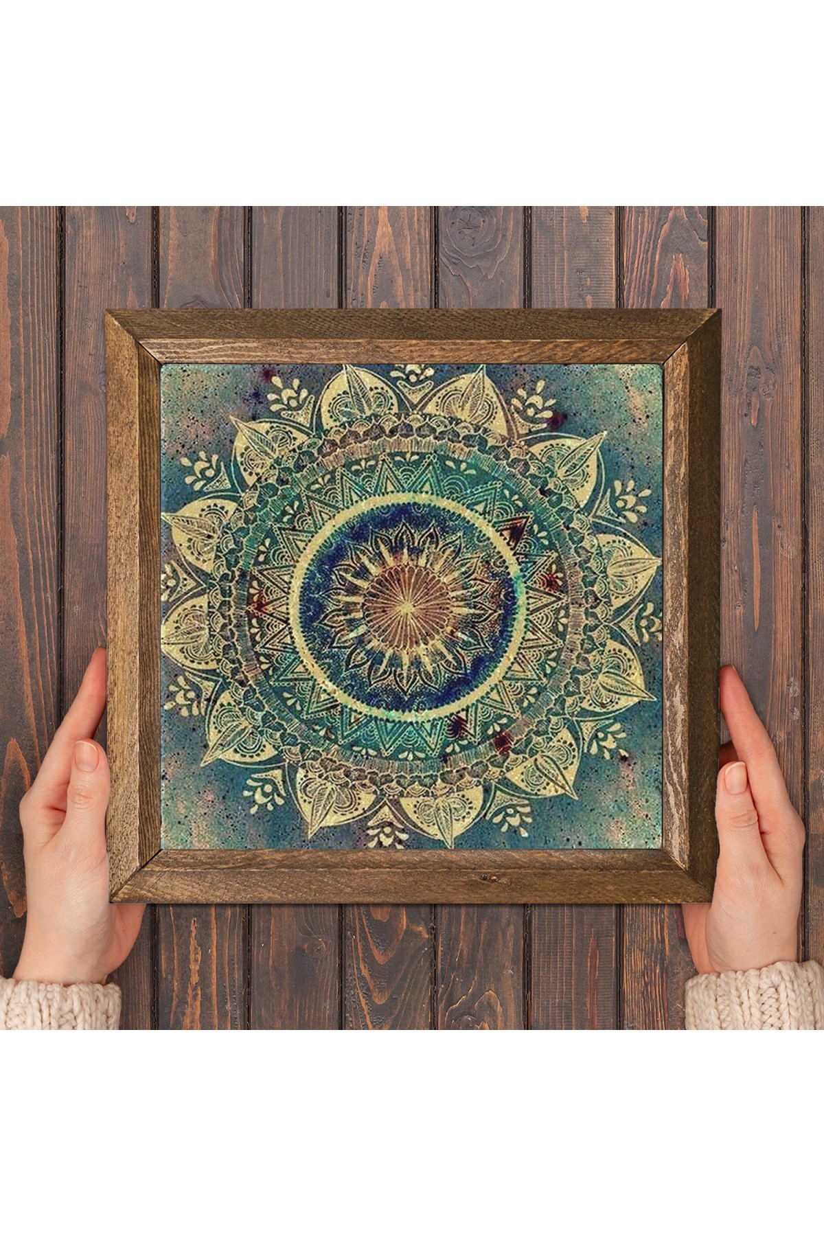 Mandala Taş Duvar Tablosu Ahşap Çerçeveli Duvar Dekoru Wall Art 25x25cm