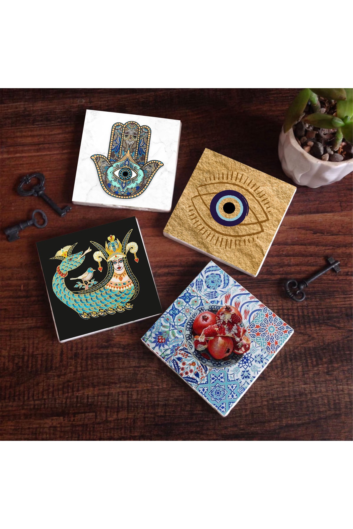 Nazar, Şahmeran, Nar, Fatma Ana Eli (Hamsa) Taş Bardak Altlığı Masaüstü Koruyucu Altlık 4 Parça Set 10x10cm Stone Coasters