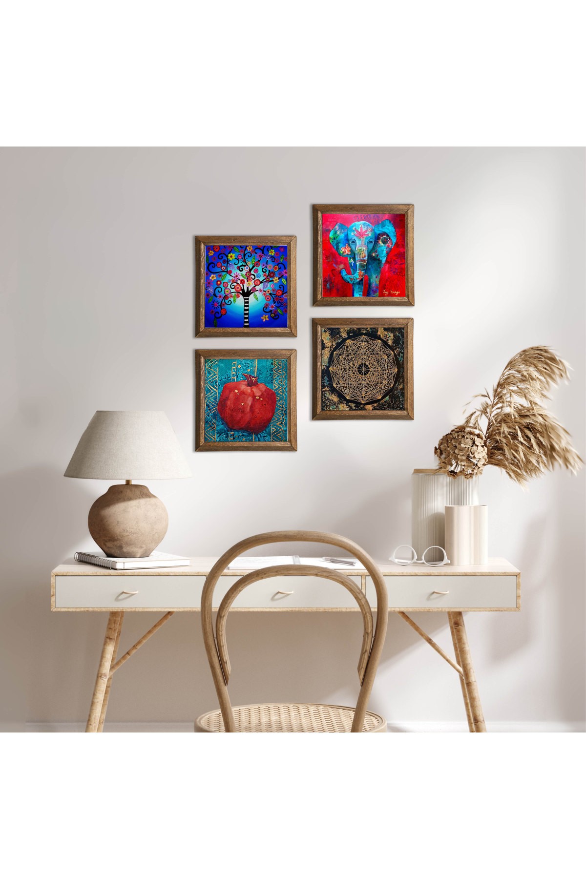 Elephant, Sri Yantra, Tree of Life, Pomegranate Stone Wall Painting Wooden Framed Wall Decor 4 Piece Painting Set Wall Art