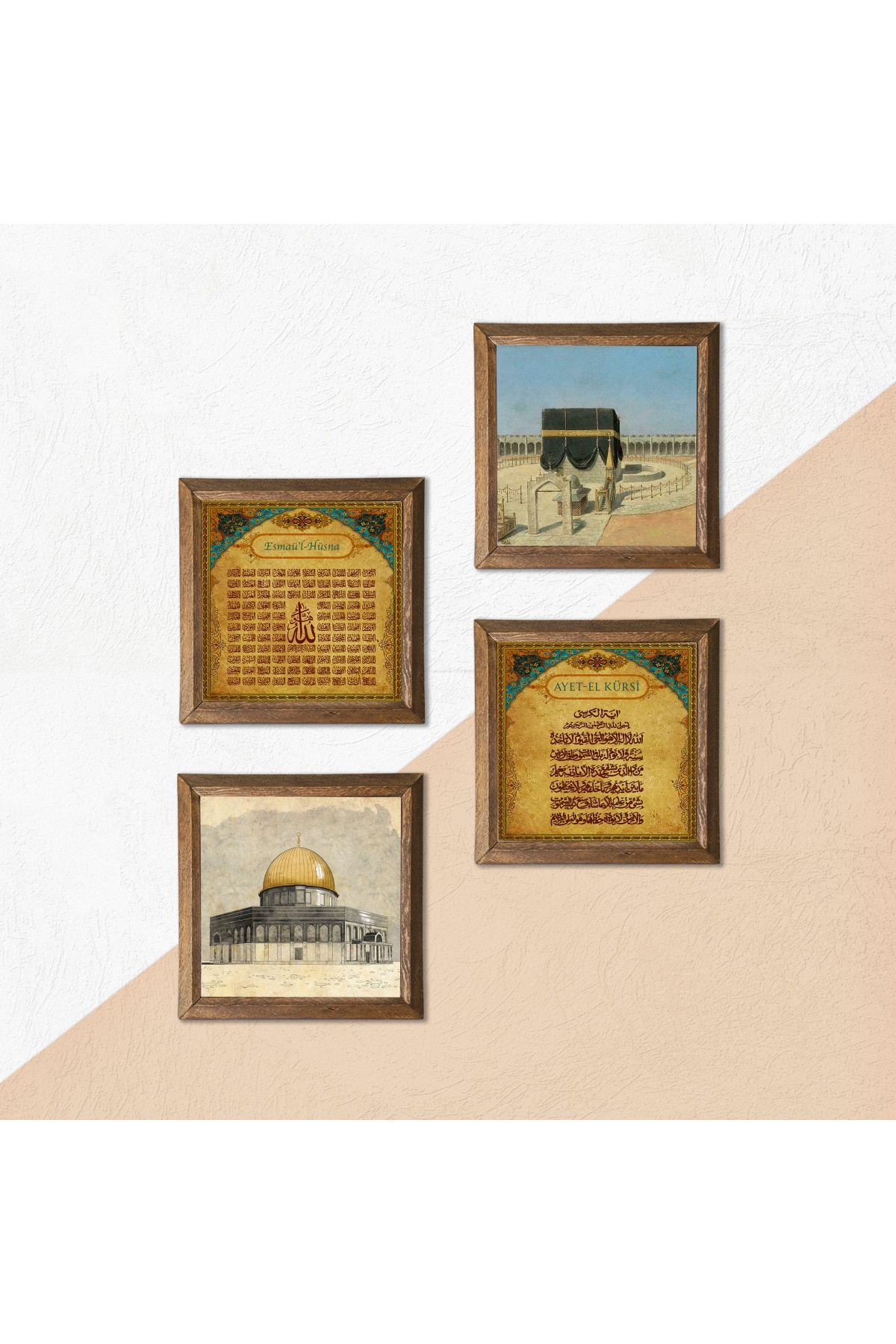 Kaaba-i Muazzama, Masjid al-Aqsa, Ayat al-Kursi, Esma'ul Husna Stone Wall Painting Wooden Framed Wall Decoration 4 Piece Painting Set Wall Art