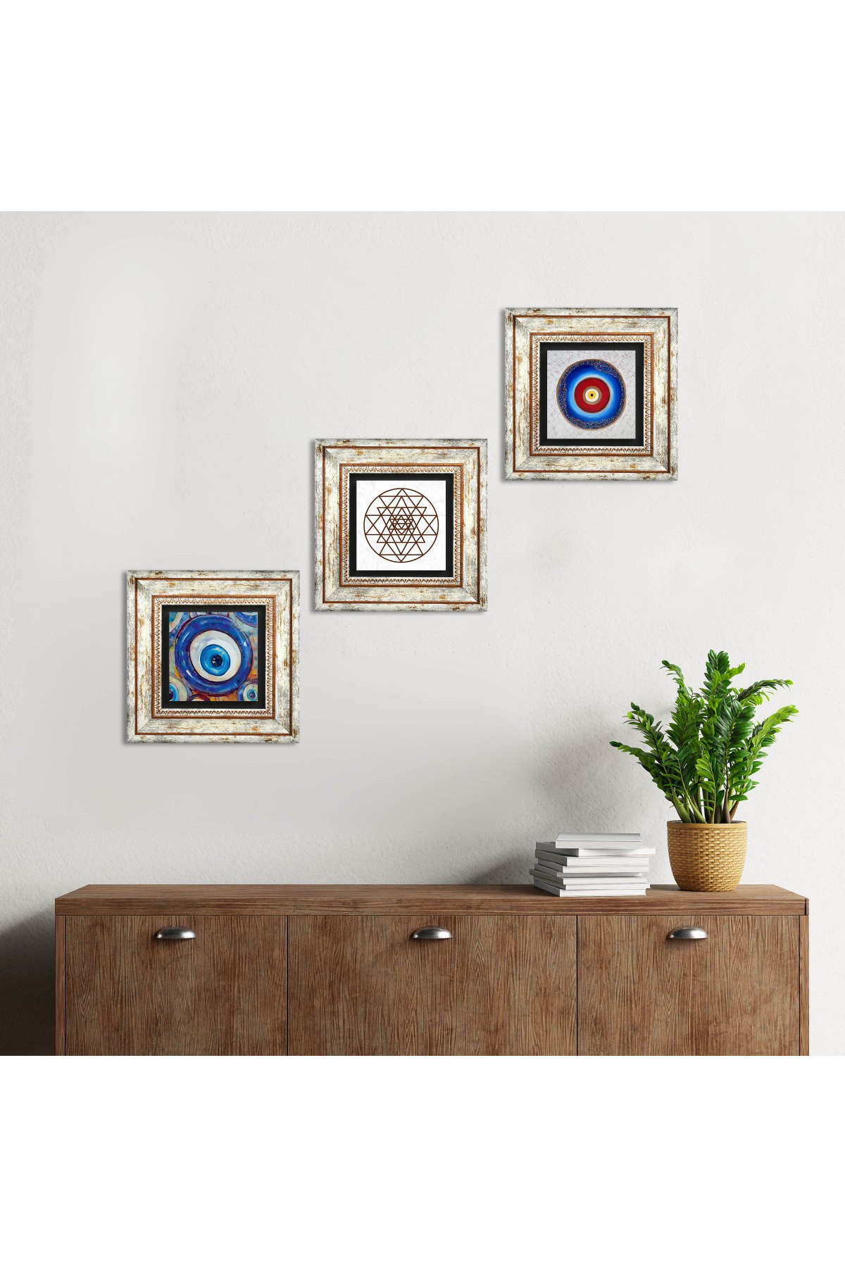 Evil Eye, Sri Yantra Stone Wall Painting Framed Wall Decor 3 Piece Painting Set Wall Art