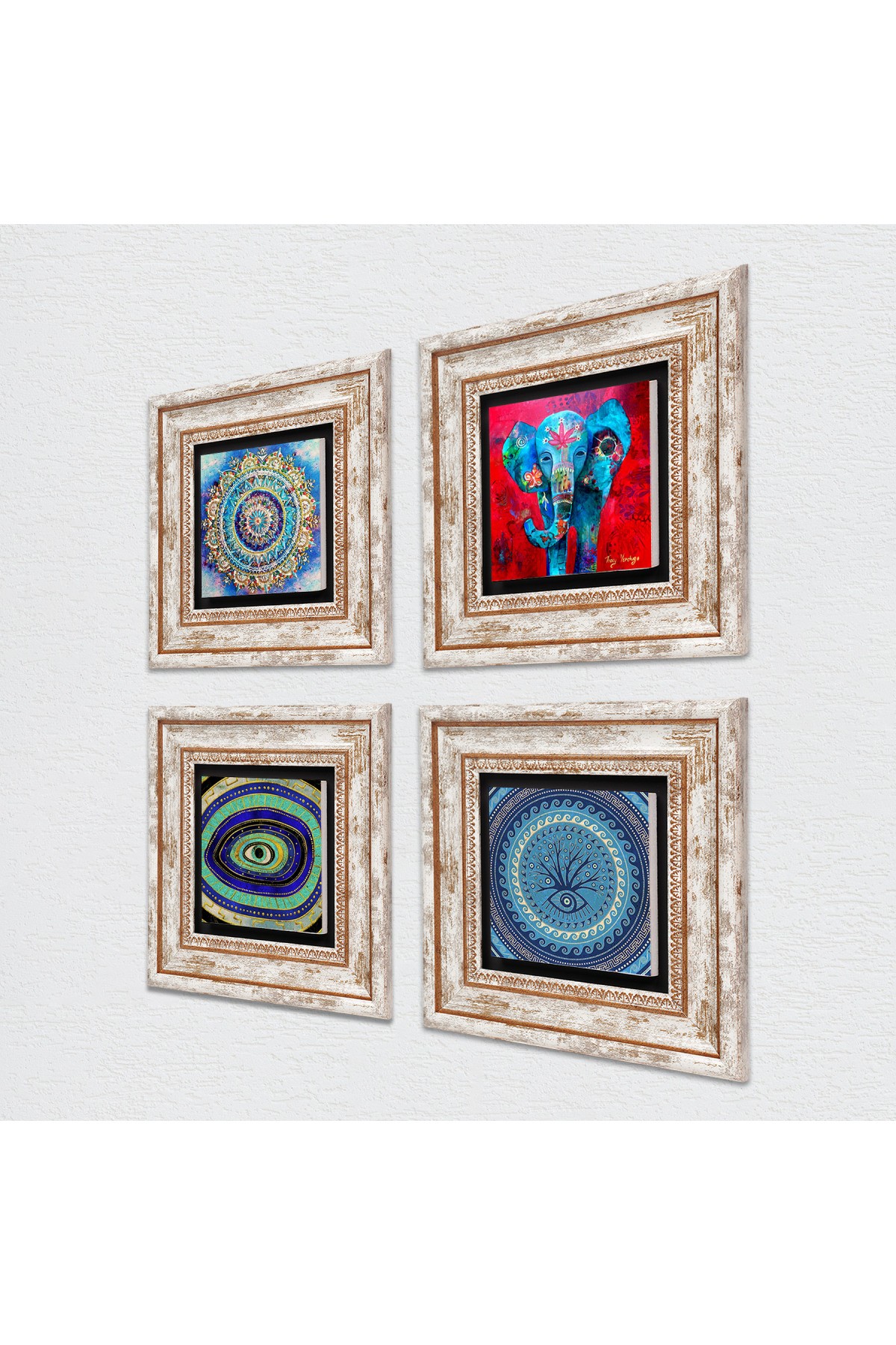 Mandala, Elephant, Evil Eye Stone Wall Painting Framed Wall Decor 4 Piece Painting Set Wall Art