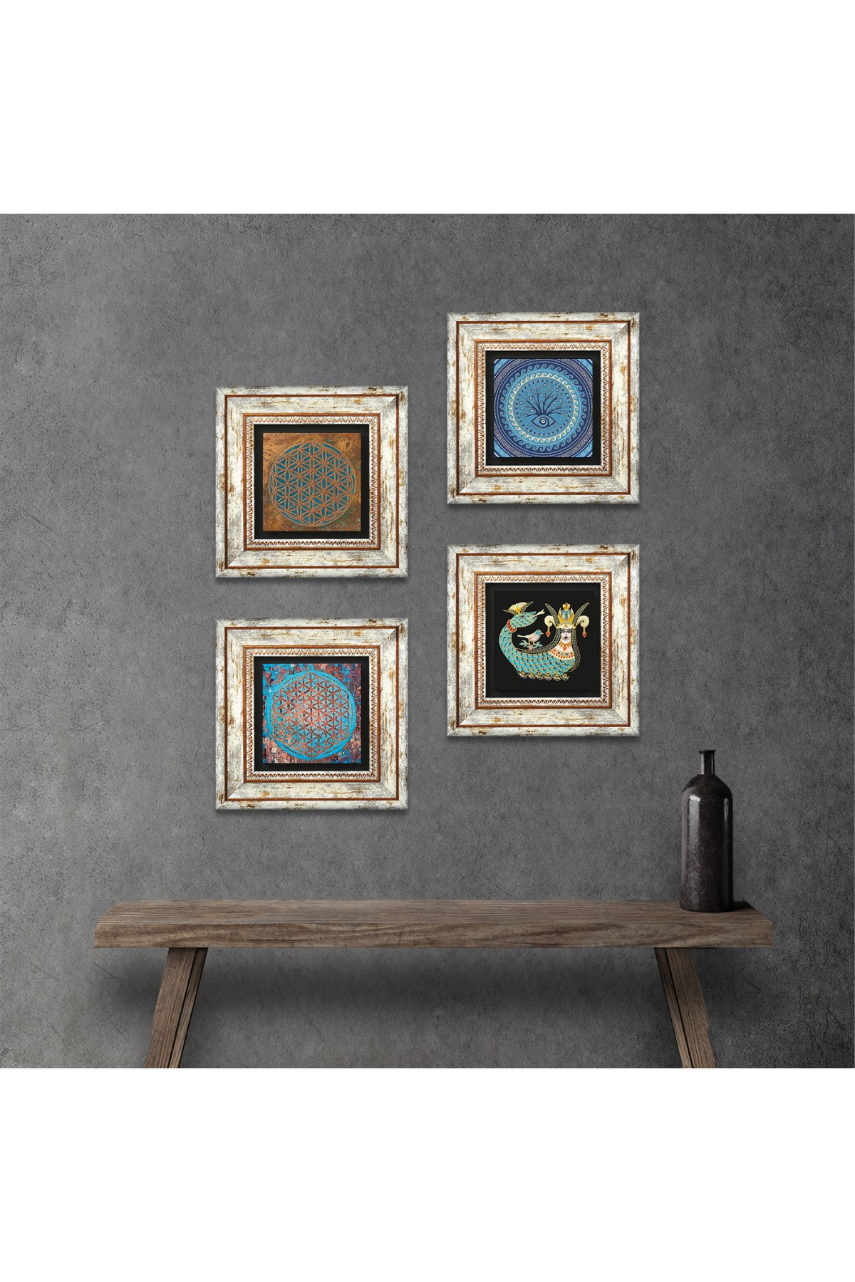 Evil Eye, Flower of Life, Shahmaran Stone Wall Painting Framed Wall Decor 4 Piece Painting Set Wall Art