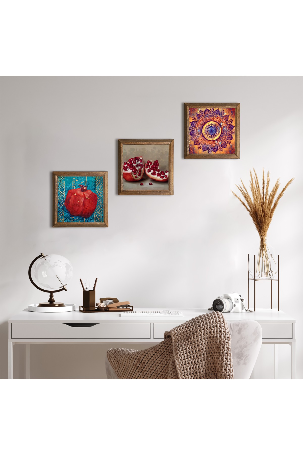 Mandala, Nar Taş Duvar Tablosu Ahşap Çerçeveli Duvar Dekoru 3 Parça Tablo Seti Wall Art