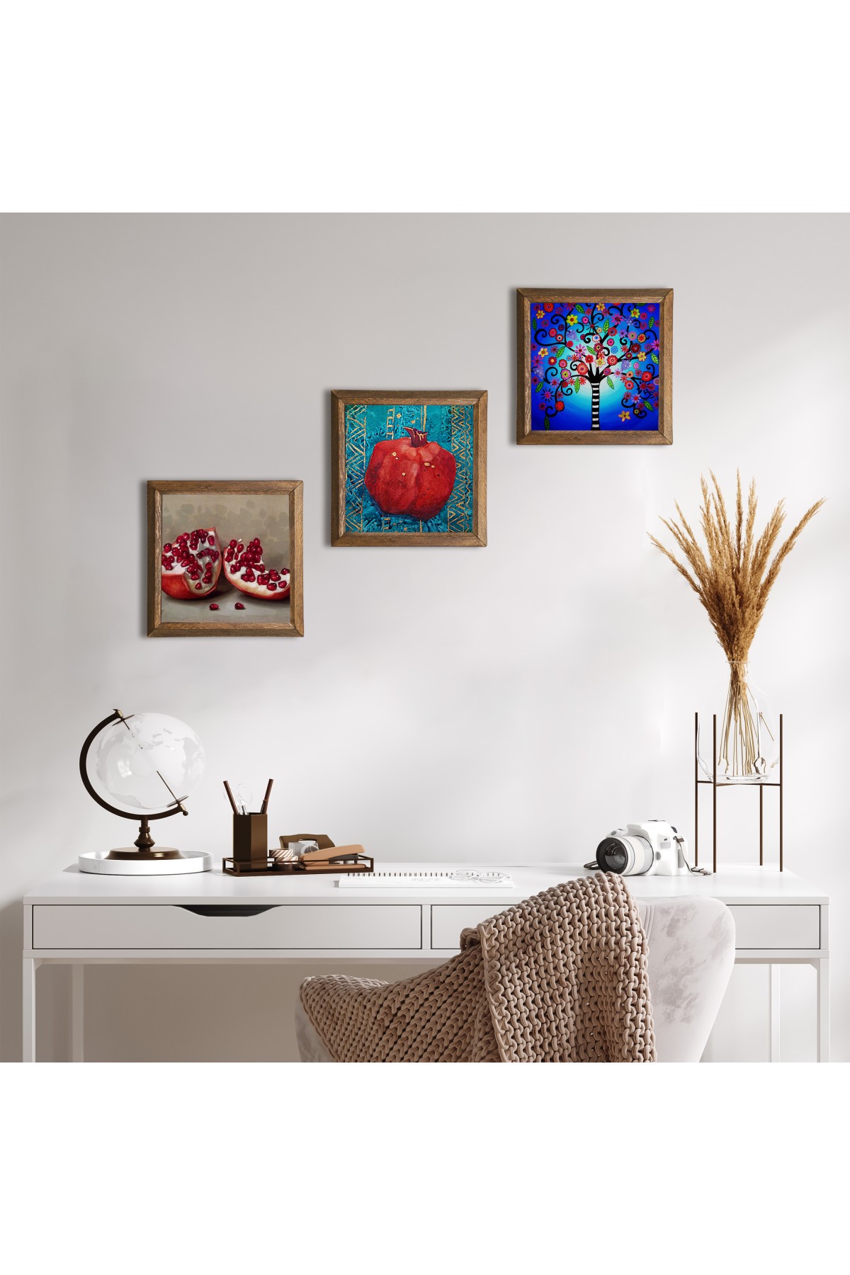 Tree of Life, Pomegranate Stone Wall Painting Wooden Framed Wall Decor 3 Piece Painting Set Wall Art