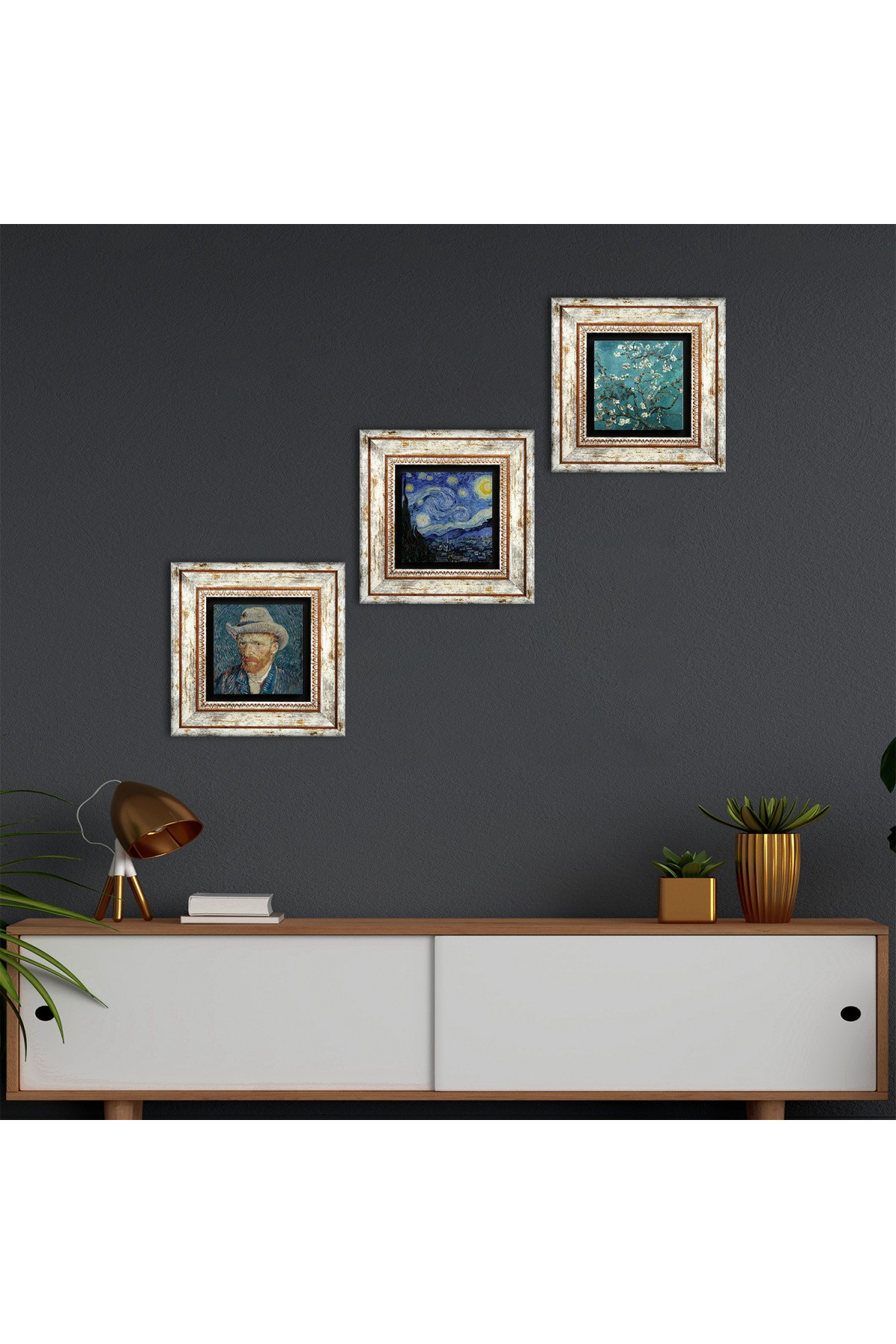 Van Gogh Starry Night, Almond Tree, Self-Portrait Stone Wall Painting Framed Wall Decor 3 Piece Painting Set Wall Art