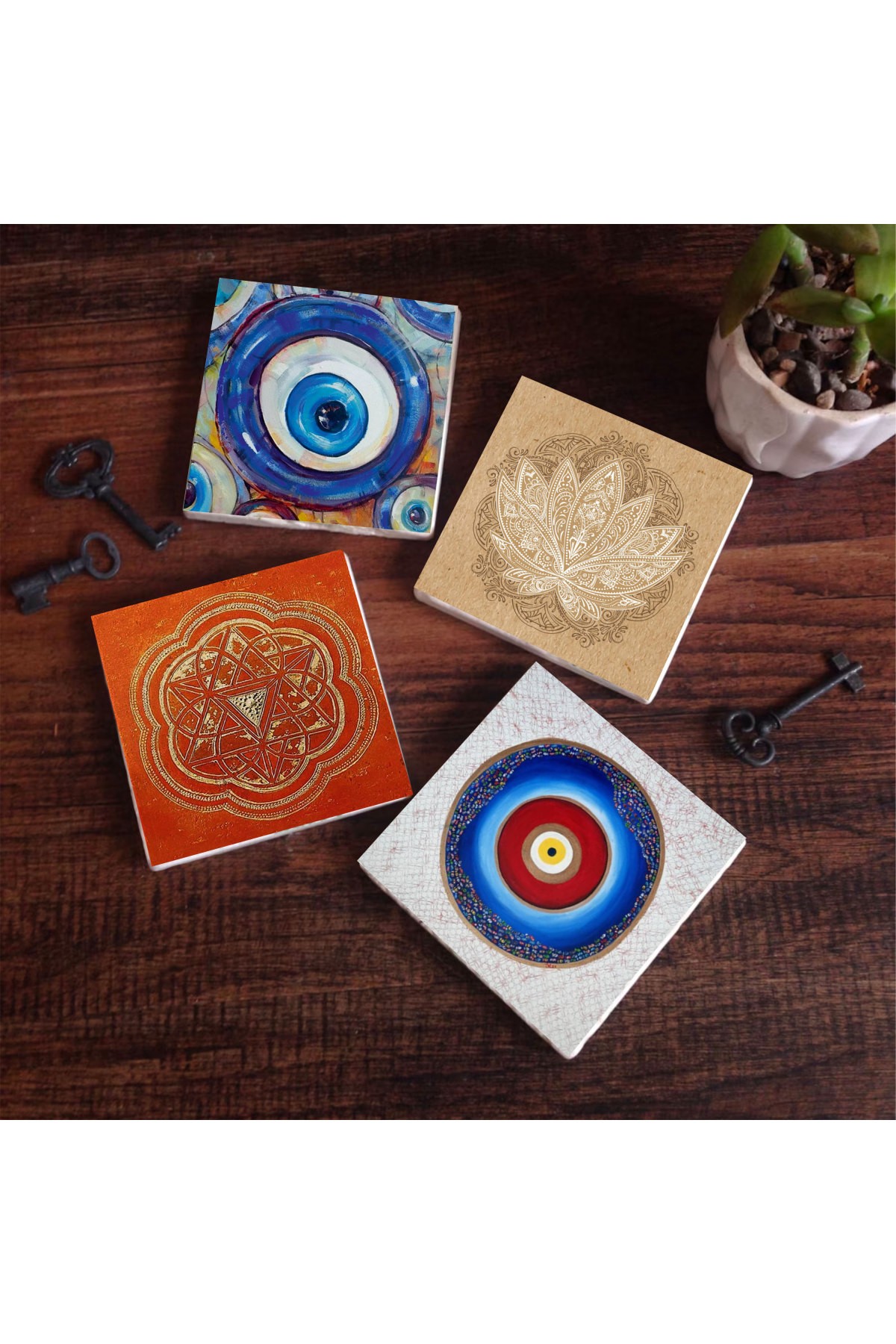 Evil Eye, Lotus Flower, Sri Yantra Stone Coasters Desktop Protective Coasters 4 Piece Set 10x10cm Stone Coasters